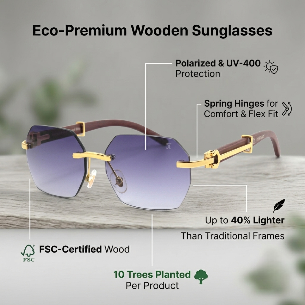 Walnut-toned wooden sunglasses with purple tinted lenses and gold-tone hinges