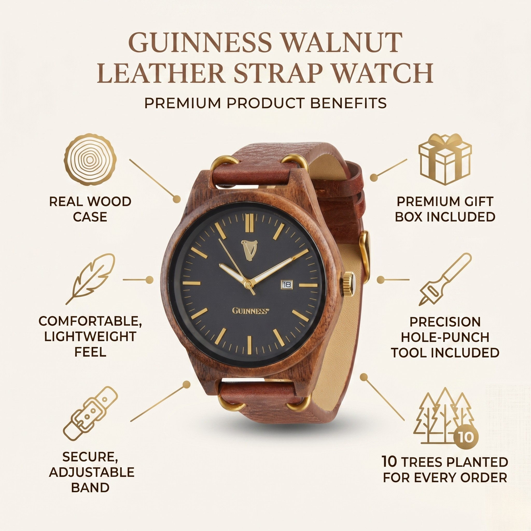 Walnut leather strap watch in a product benefits layout, dark dial and wooden brown case.