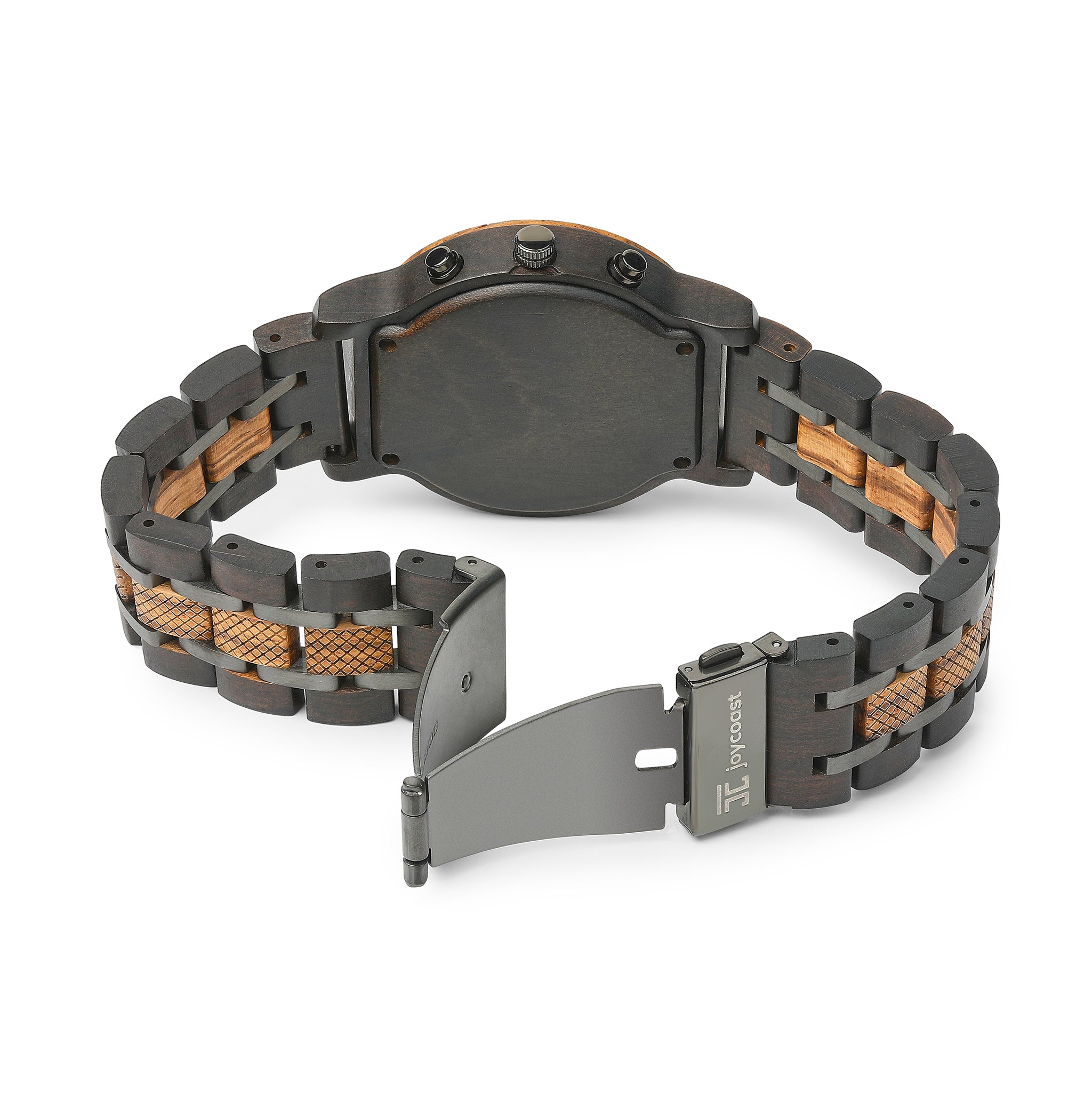 Back view of Joycoast wooden watch with dark and light wood link bracelet and metal clasp