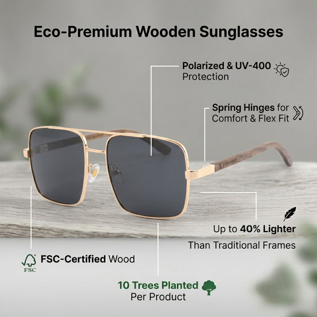 Square wooden sunglasses with dark lenses and metal spring hinges