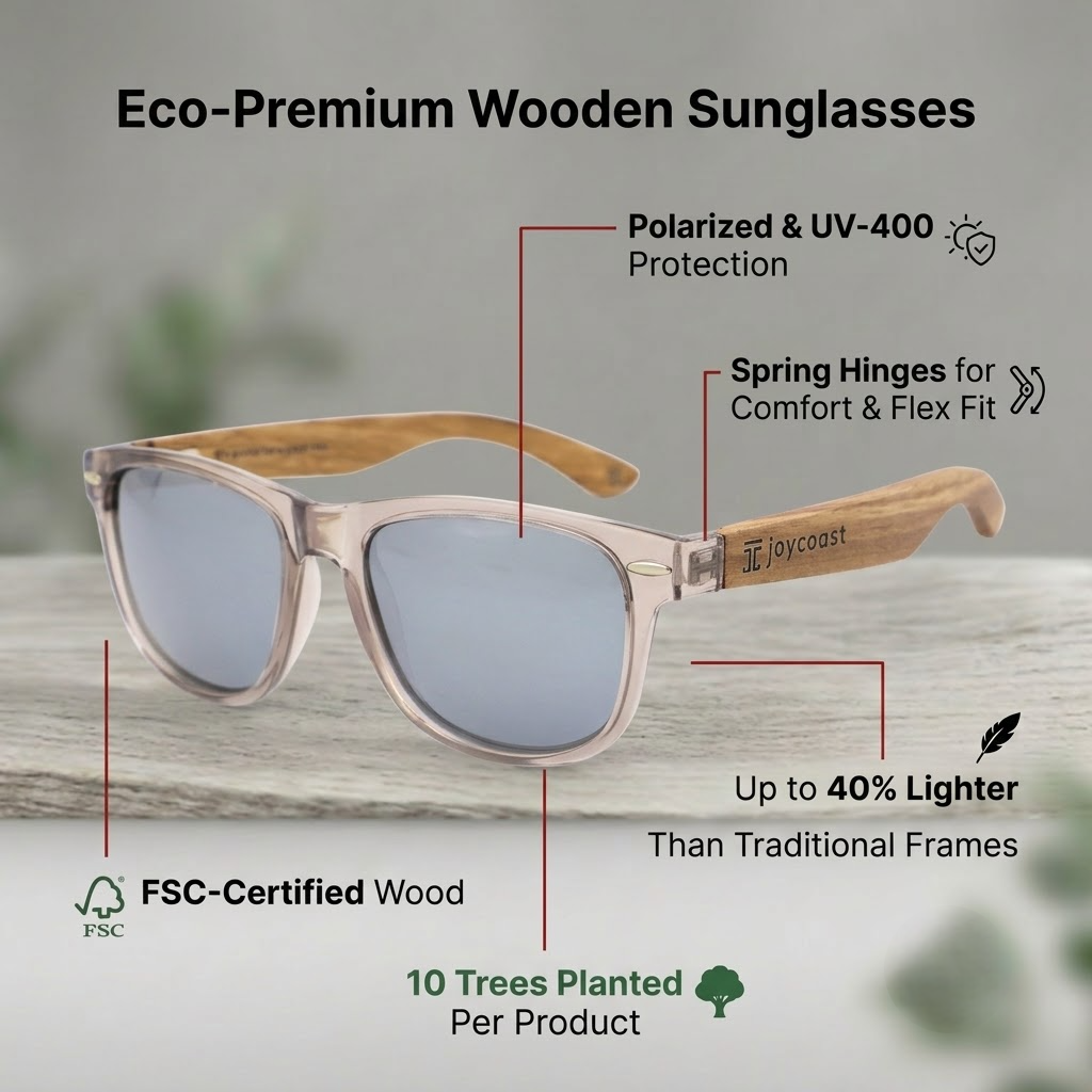 Maple wood sunglasses with clear frames and dark polarized lenses
