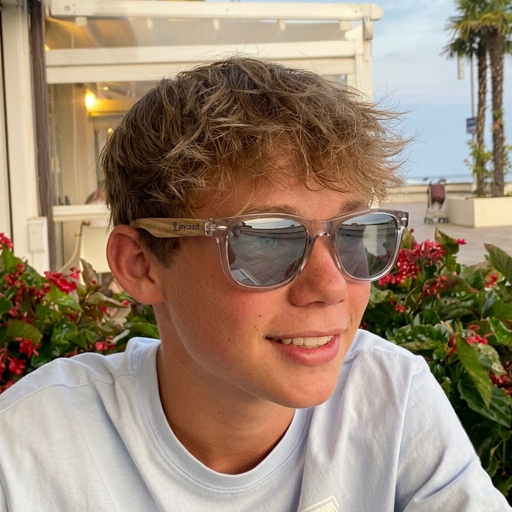 Wood temple sunglasses with dark lenses, side profile view