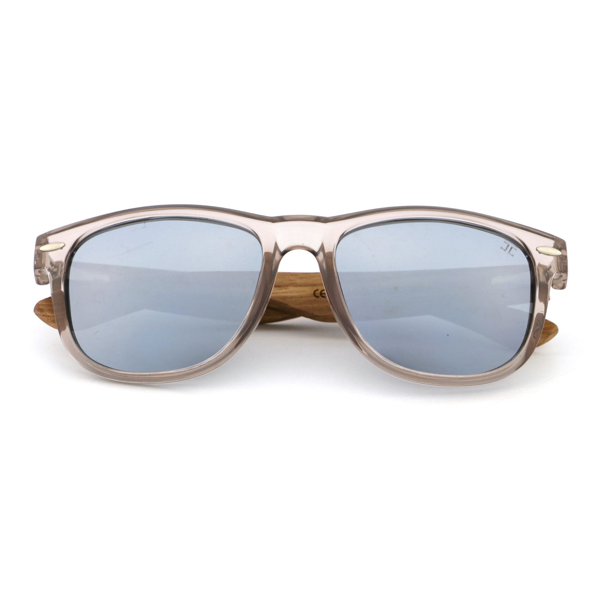 Wooden sunglasses with light frame and blue polarized lenses, front view