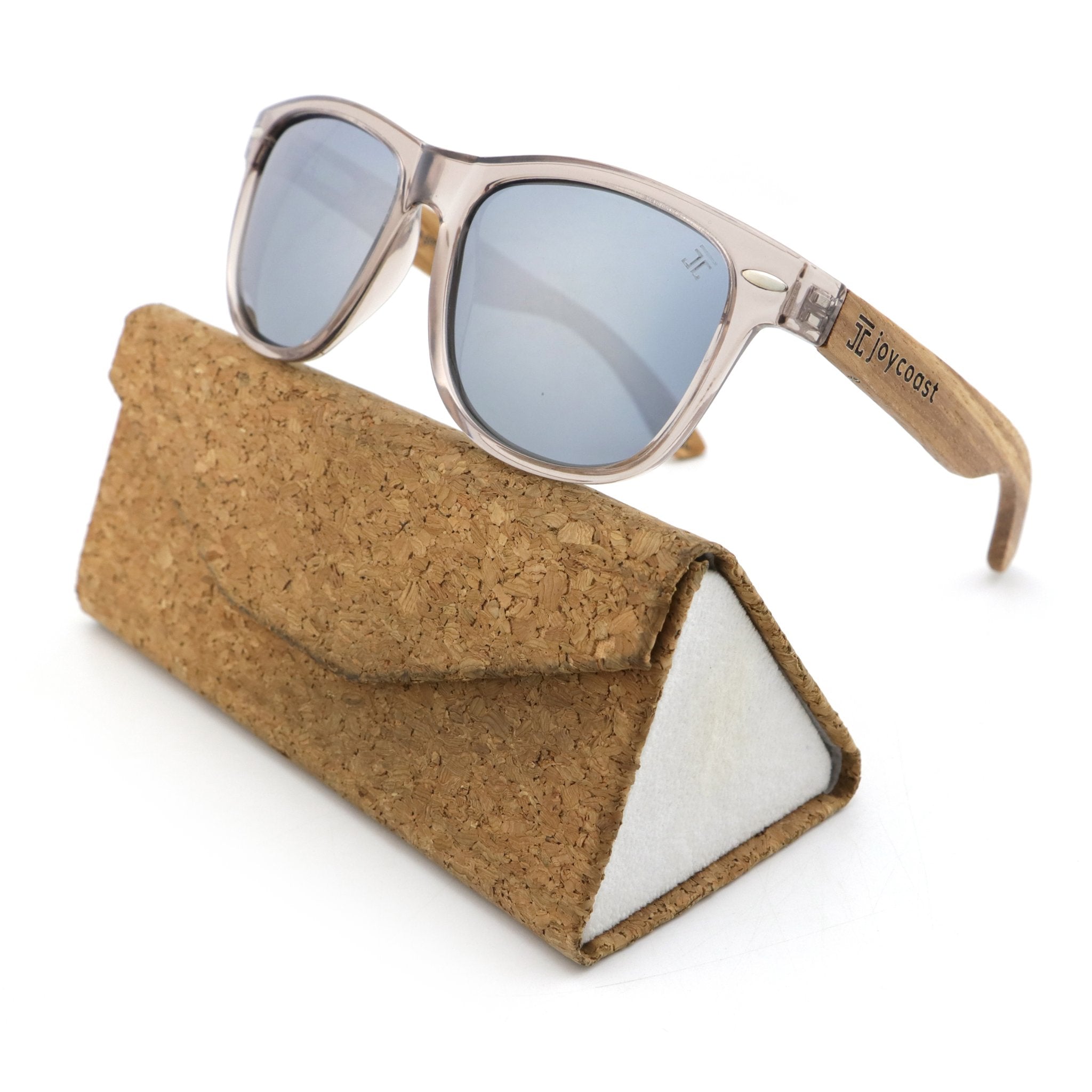 Wooden sunglasses with blue polarized lenses on a cork glasses case