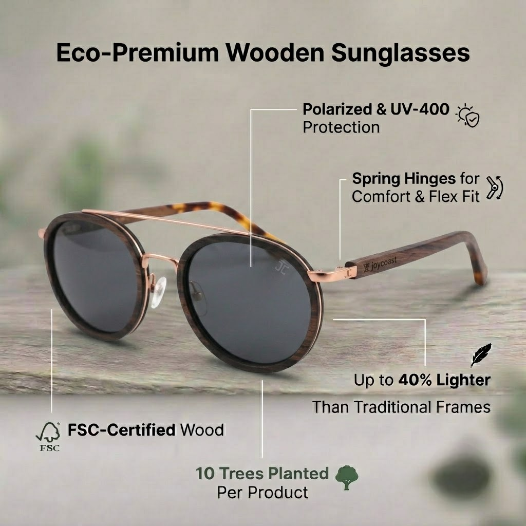 Round aviator sunglasses with dark polarized lenses, tortoise frame, wooden temples