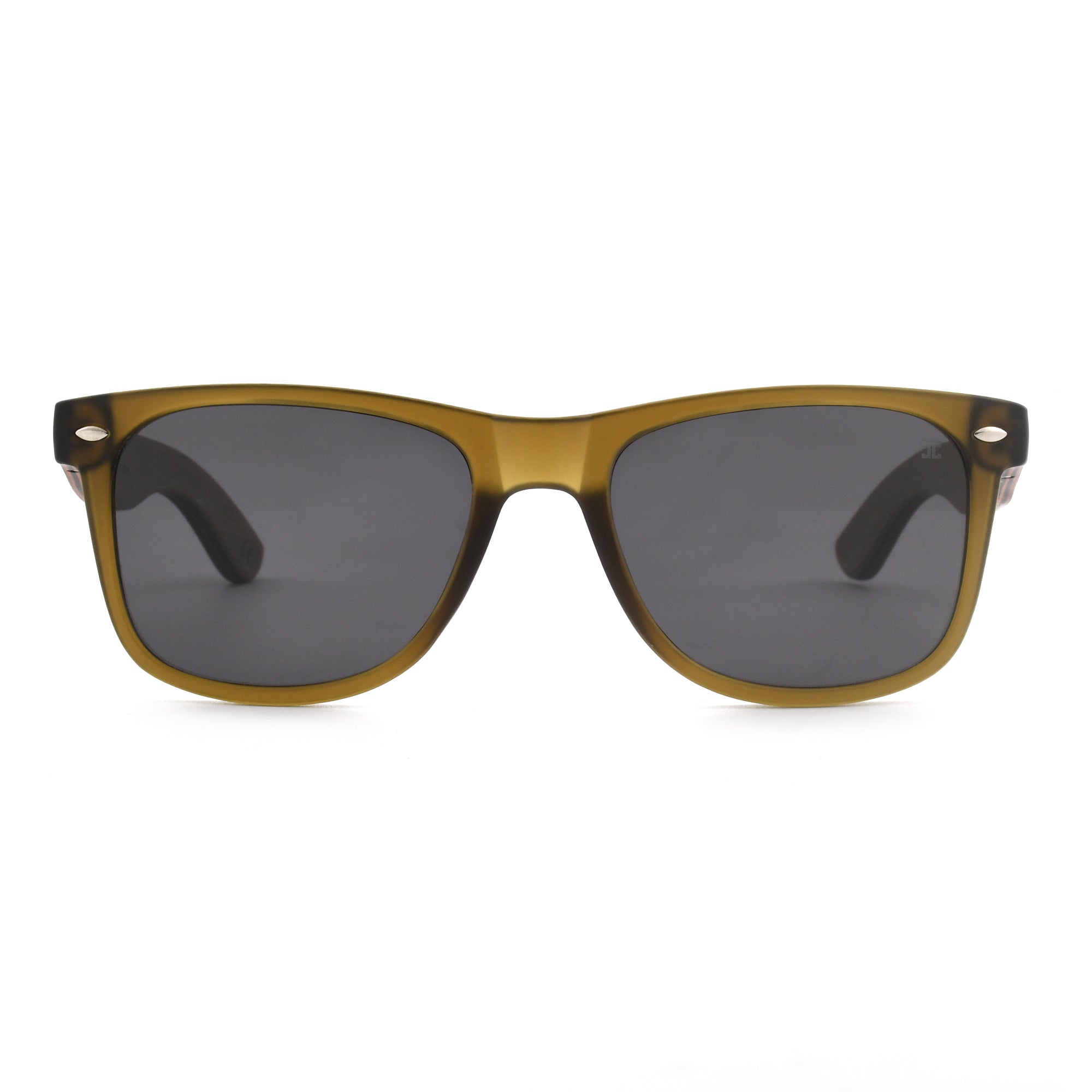 Square sunglasses with olive-yellow frame and dark gray lenses