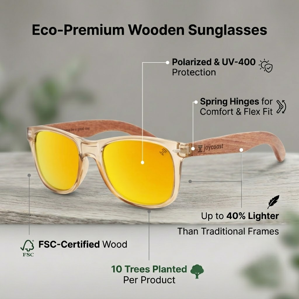 Light wood sunglasses with yellow mirrored lenses and metal arms, front view