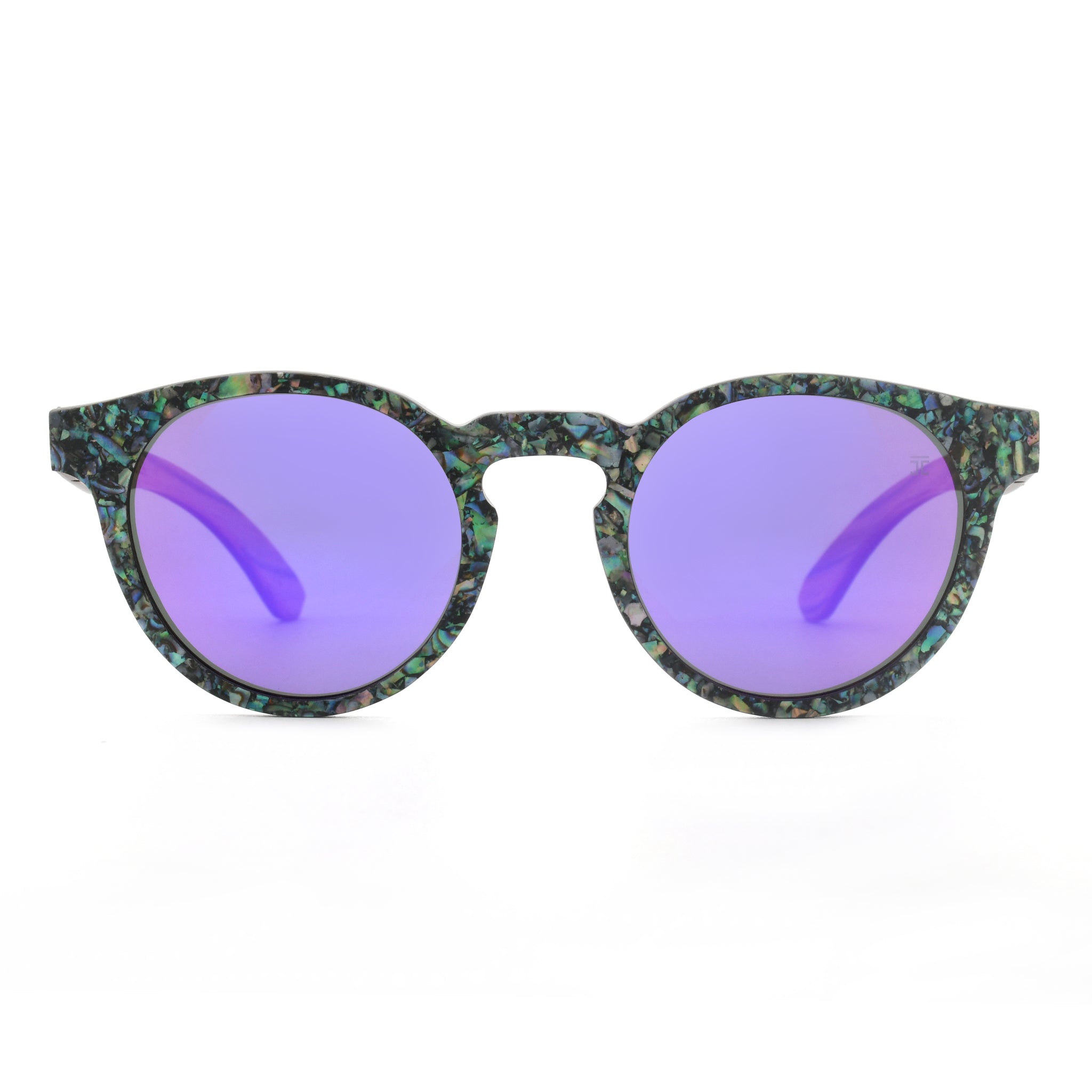 Round sunglasses with abalone-pattern frame, lavender lenses, full front view.