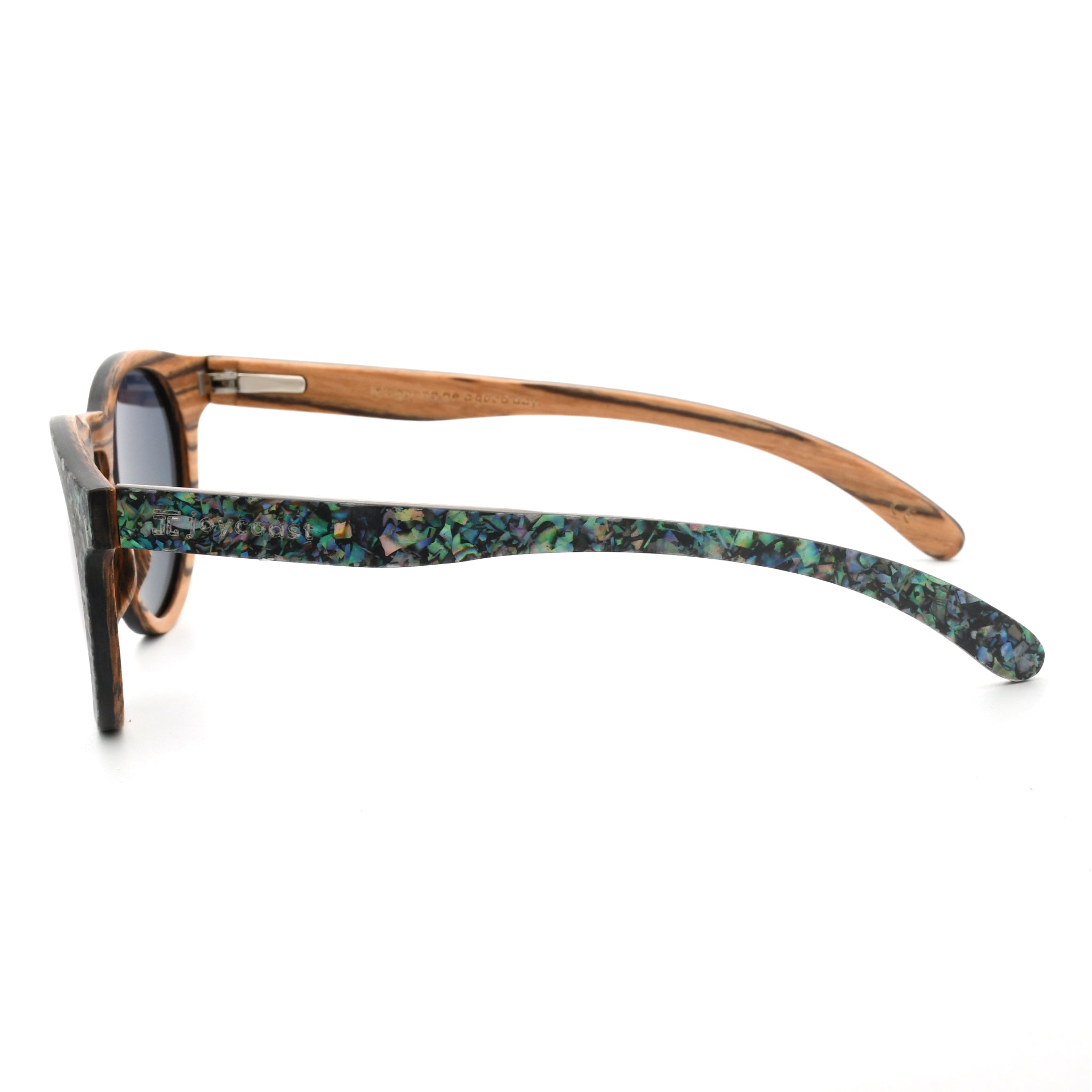 Round sunglasses side view, abalone-pattern frame, tinted lens, brown temple arms.