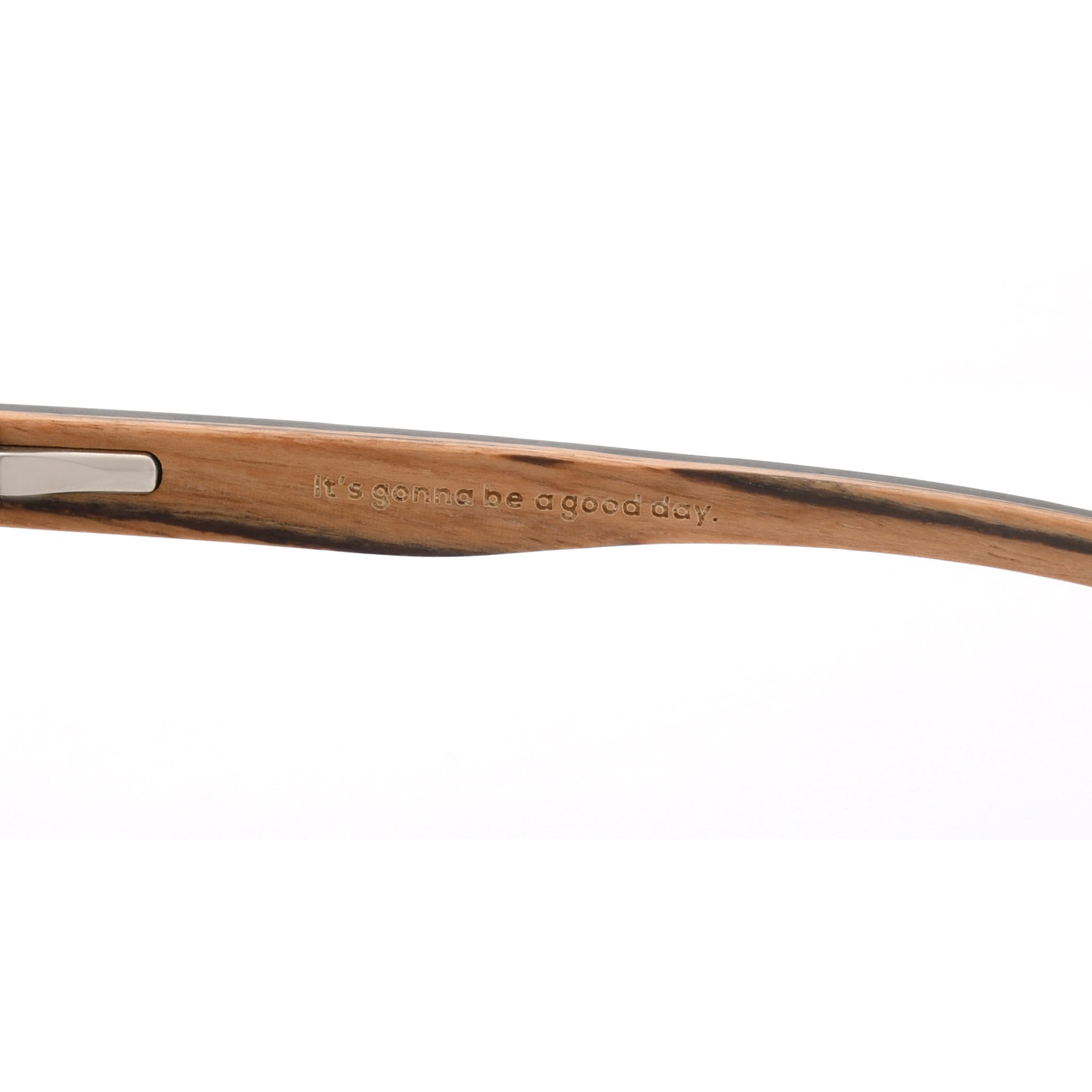 Brown acetate temple arm with engraved branding for round sunglasses