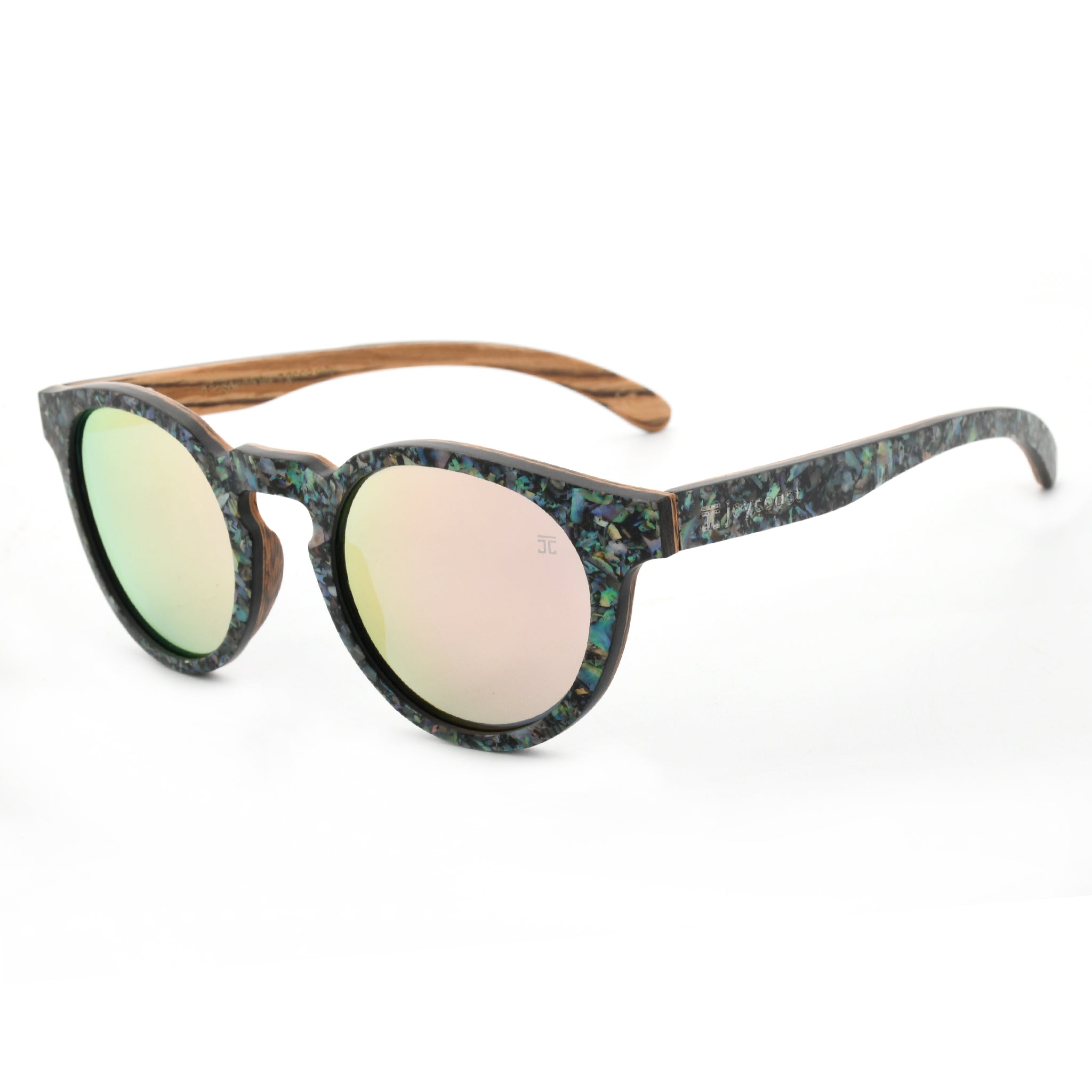 Round sunglasses with abalone-pattern frame, pale green lenses, curved brown arms.