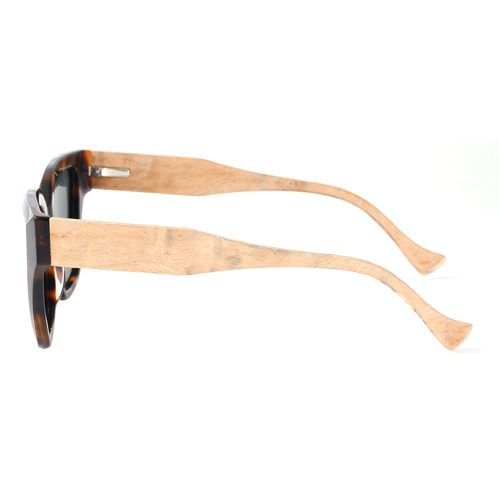 Tortoise acetate sunglasses with green lenses and maple wood temple detail.