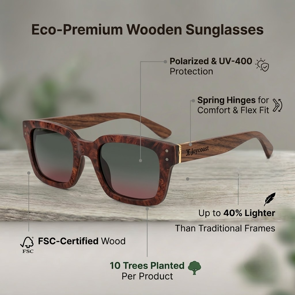 Kids wooden sunglasses with square dark-brown frame and tinted lenses
