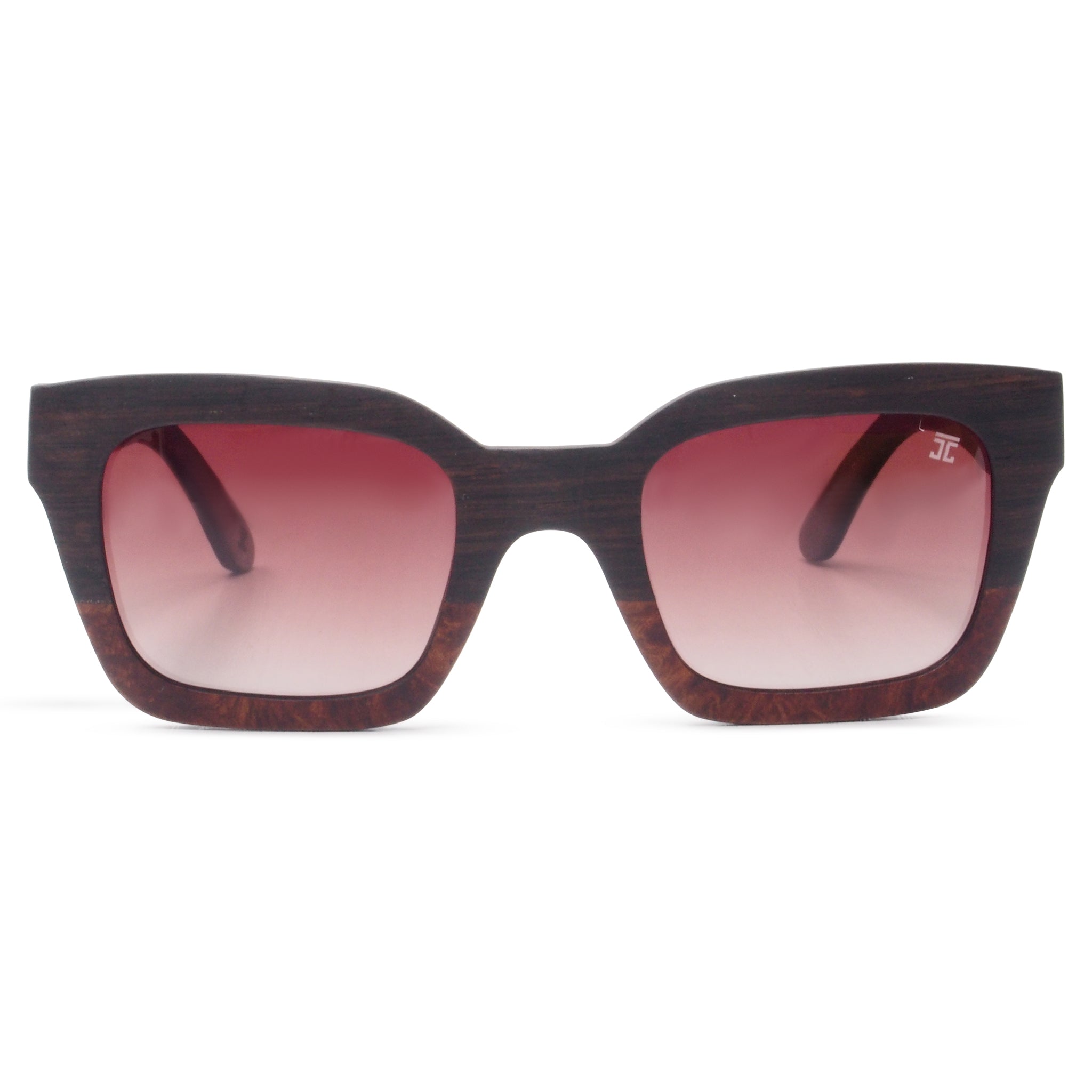 Kids sunglasses with dark wood-look frame and pink tinted lenses