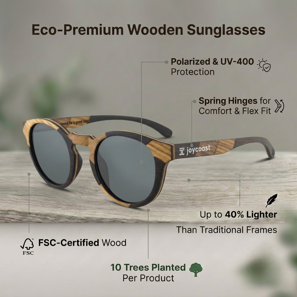 Round dark wooden sunglasses with grey lenses and curved arms