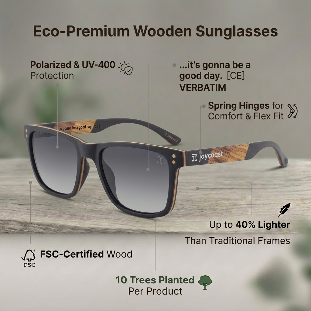 Eco-friendly wooden sunglasses showcasing a premium design with a natural finish and stylish frame.