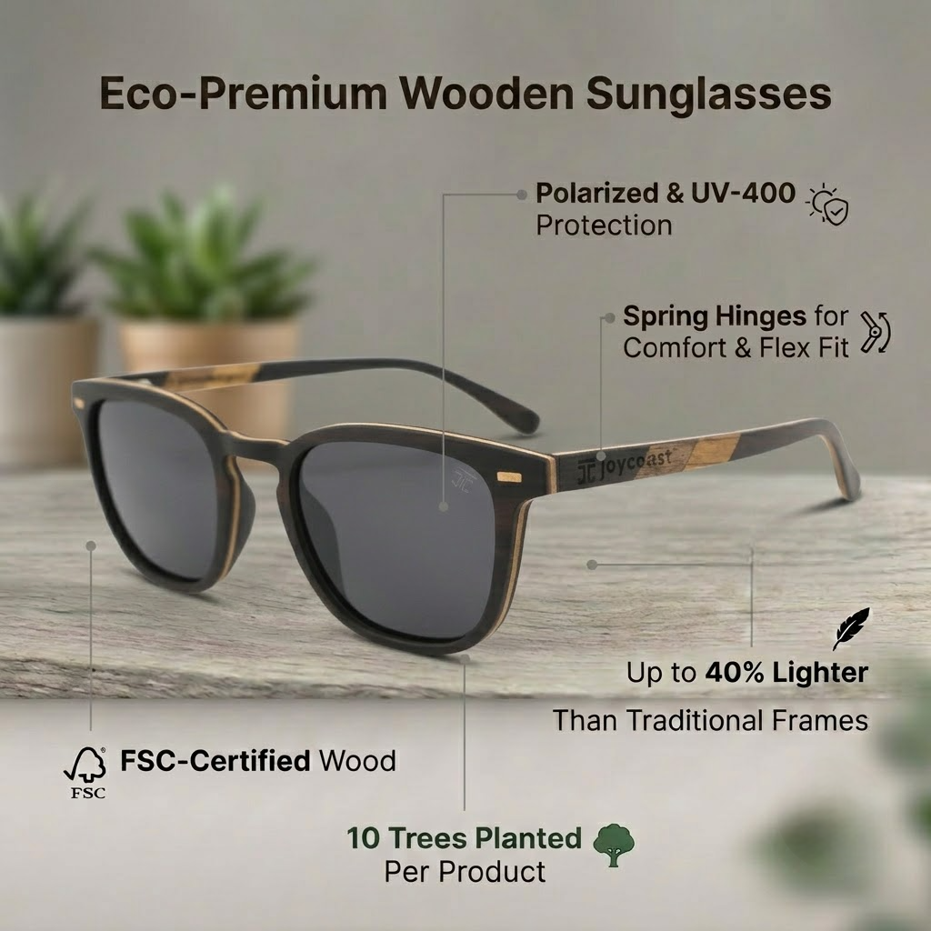 Jo ebony wooden sunglasses with dark lenses and straight wooden arms
