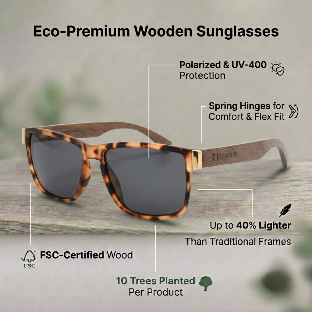 Wooden square sunglasses with tortoiseshell frame and dark polarized lenses