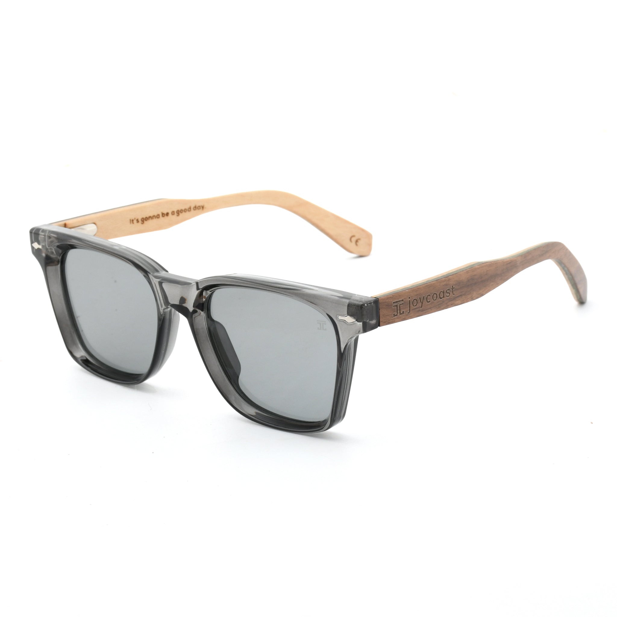 Kids square sunglasses with dark frame and smoke lenses, tan wood temples