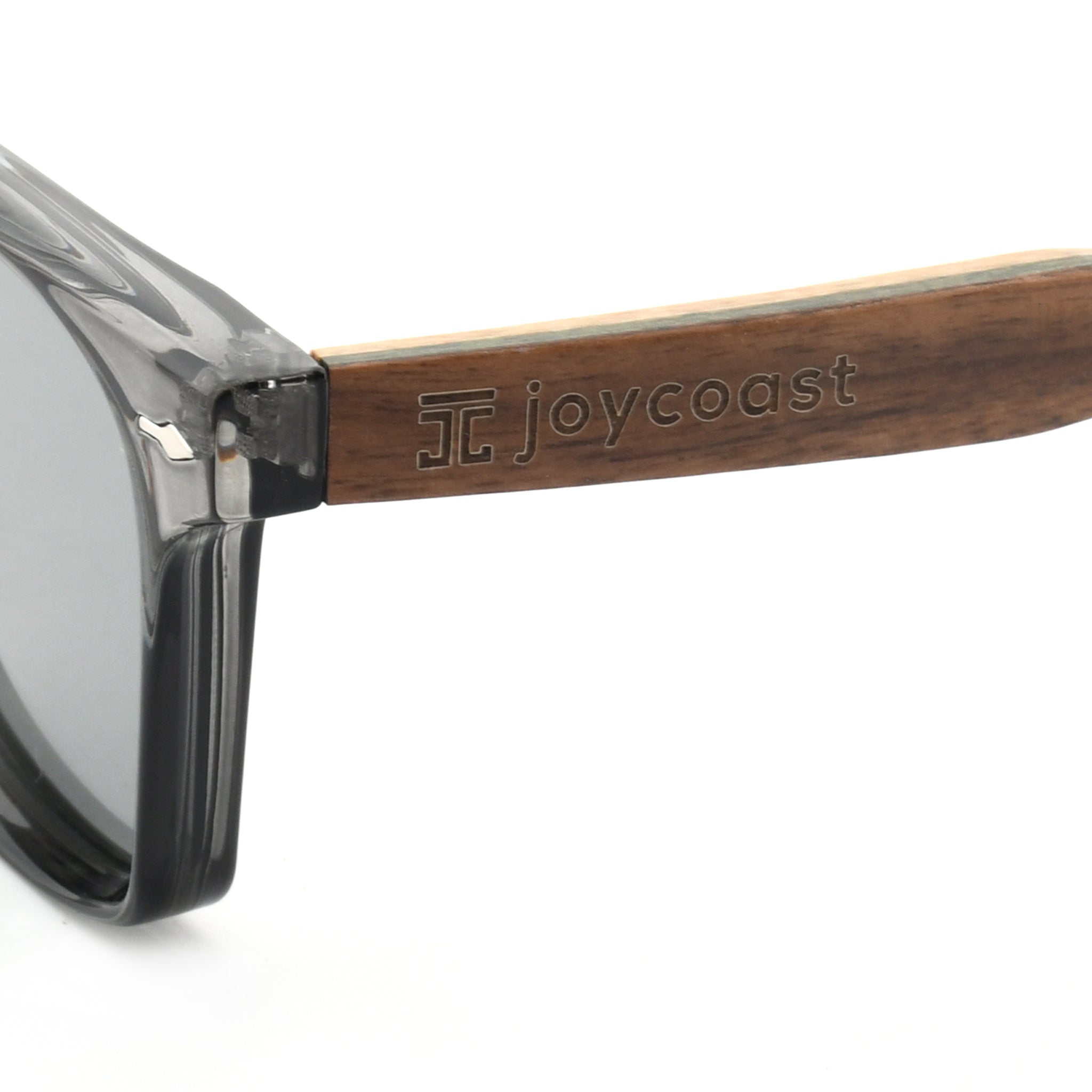 Kids square sunglasses temple detail with wood arm and Joycoast logo