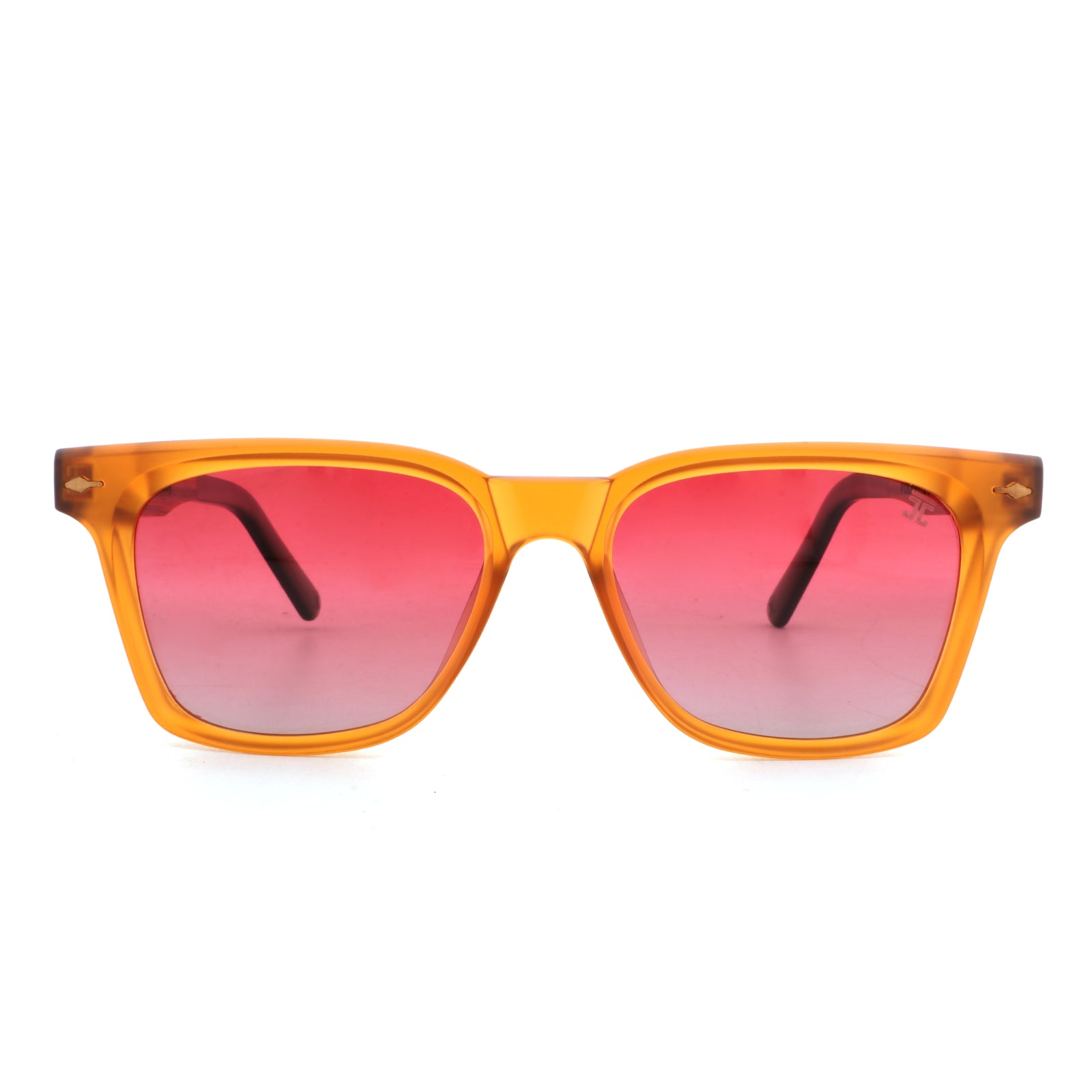 Kids square sunglasses with translucent orange frame and red-pink tinted lenses