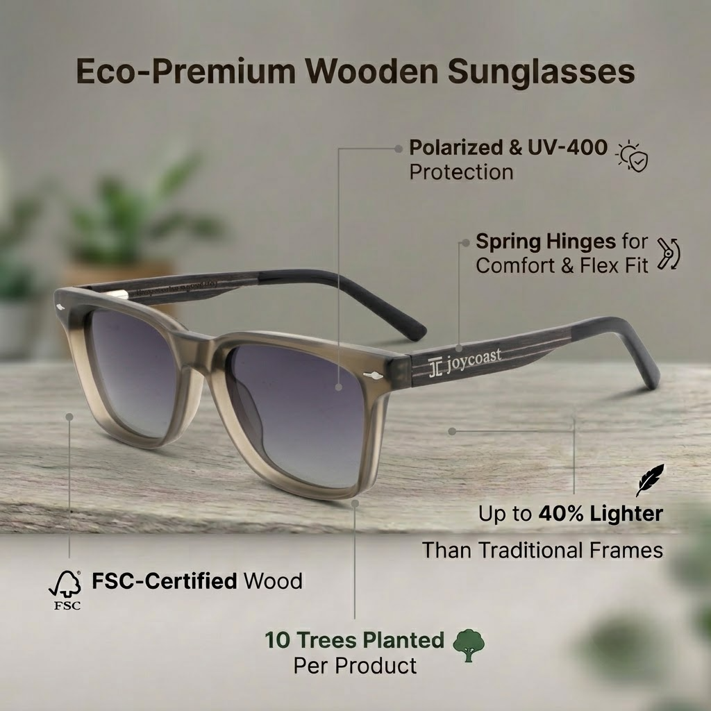 Tinley Square kids walnut wooden sunglasses, light gray frames with tinted lenses