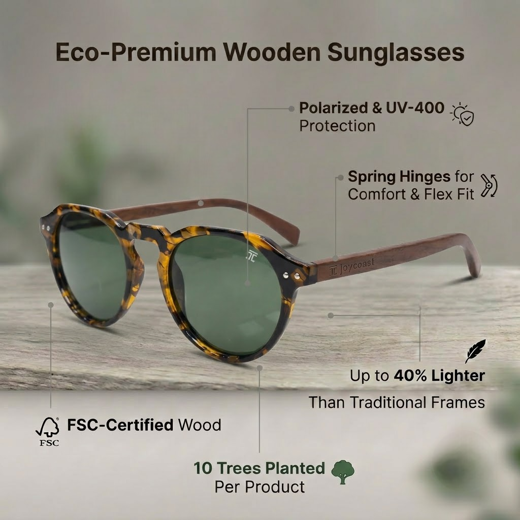 Round tortoiseshell wooden sunglasses with green polarized lenses and spring hinges