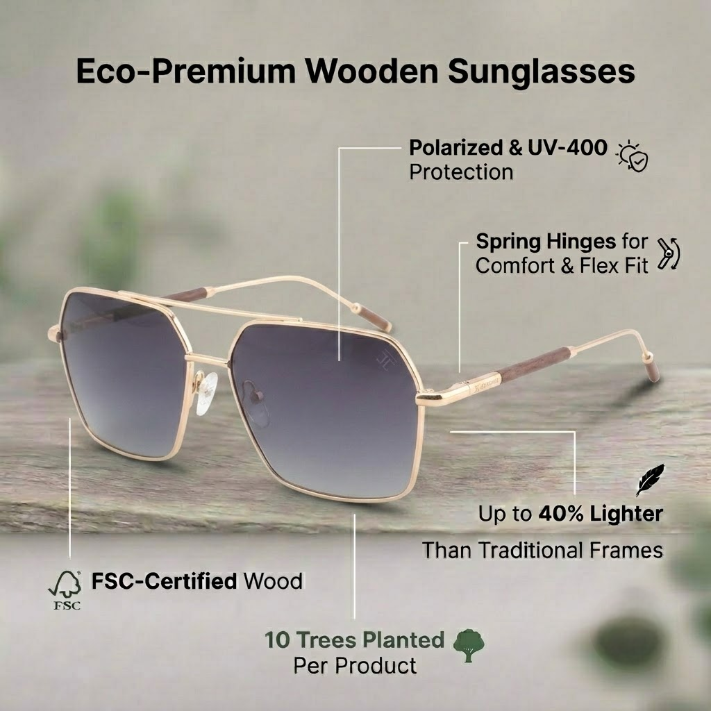 Wooden square aviator sunglasses with dark polarized lenses and metal bridge