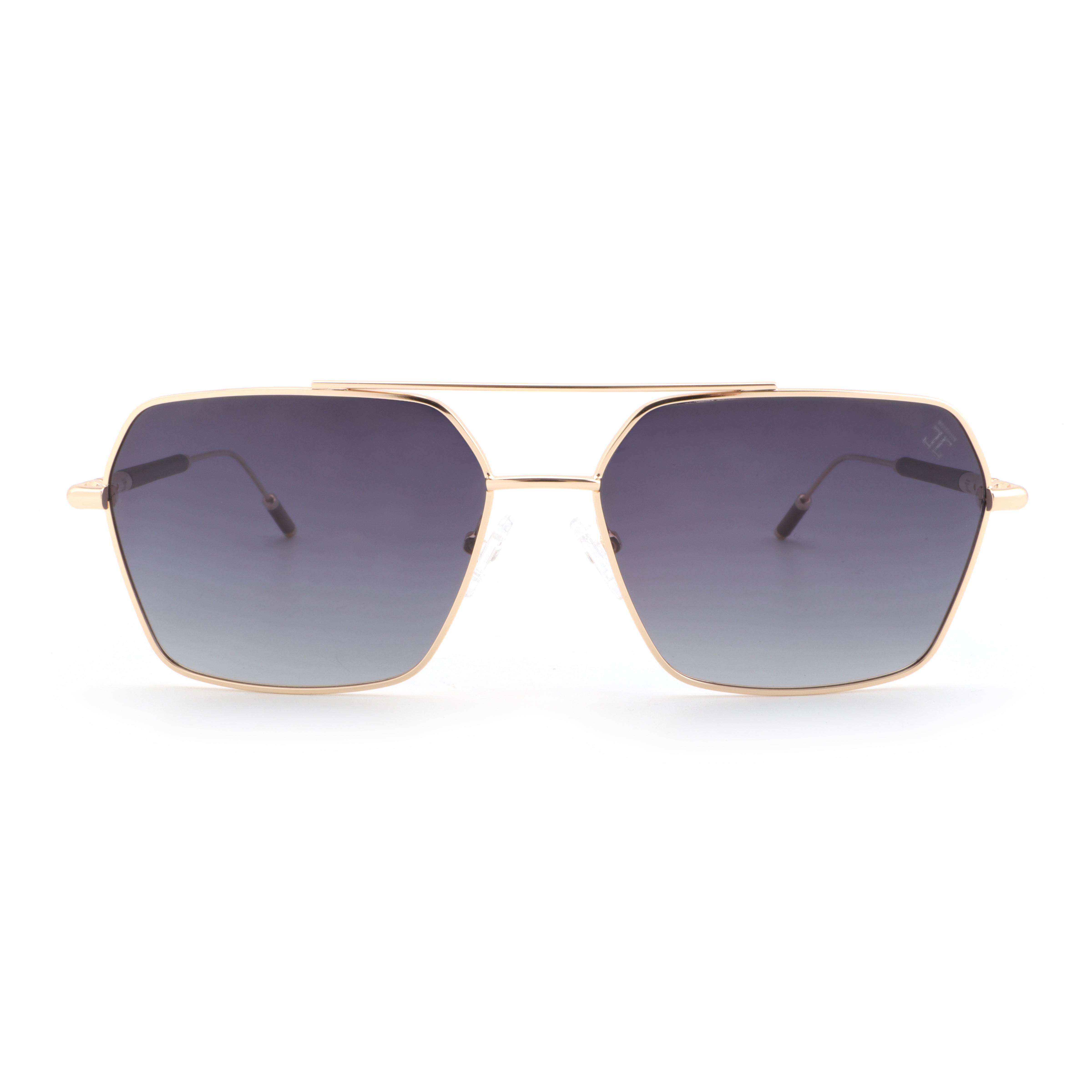 Square aviator sunglasses with dark lenses and light wood temples, gold frame