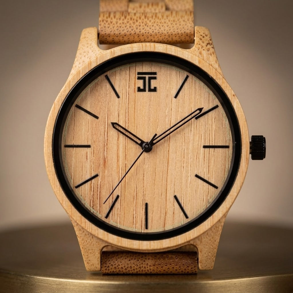 Bamboo wood watch with round tan dial, black bezel, and dark hands and markers.