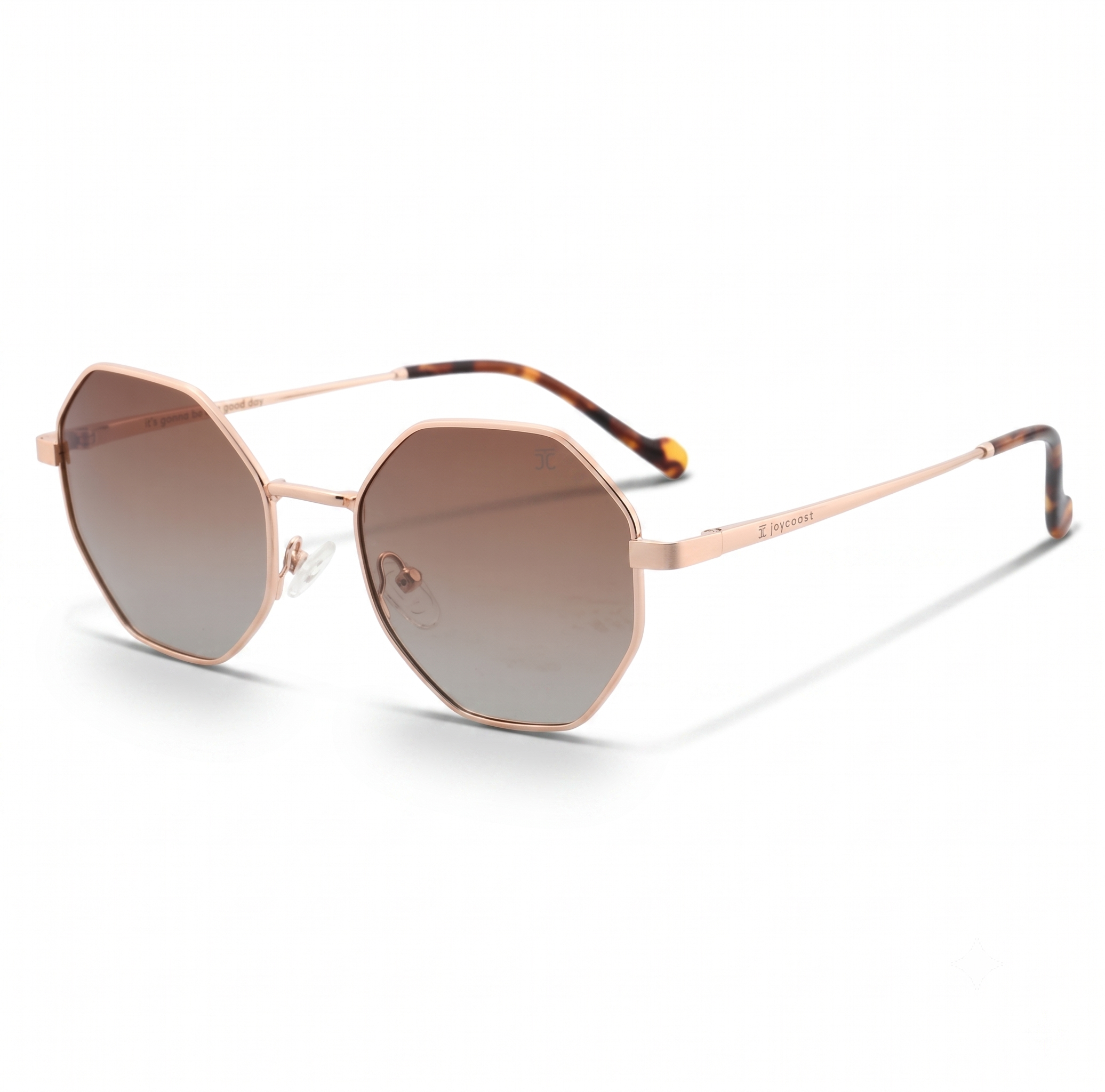Octagon sunglasses with rose-gold frame, brown tinted lenses, and adjustable temples