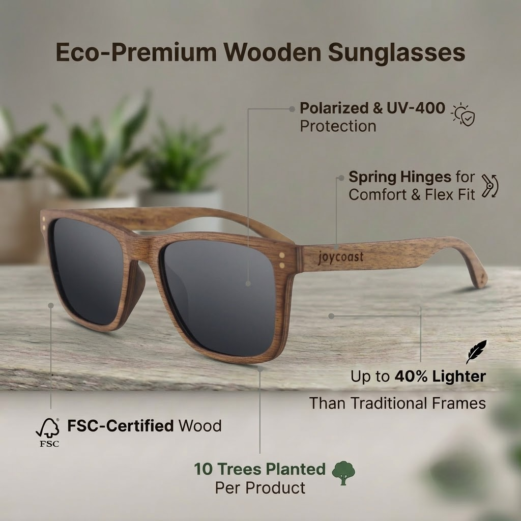 Walnut wooden sunglasses with polarized dark lenses and spring hinges
