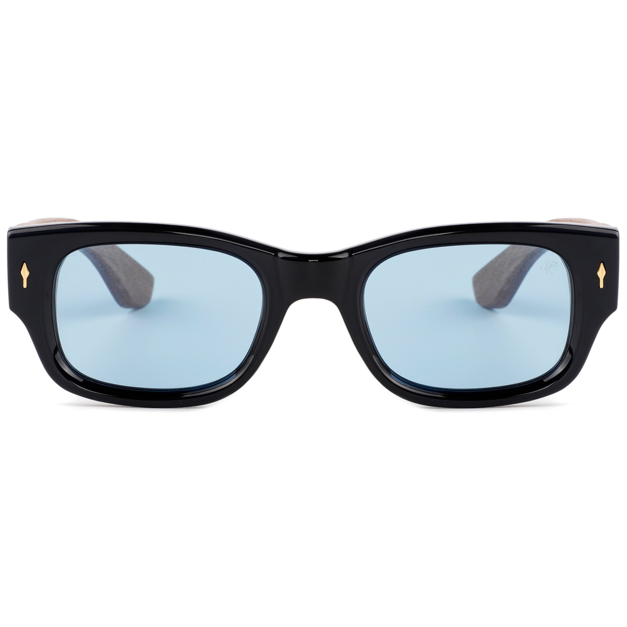 Wavy round sunglasses with black frames and light blue lenses, Joycoast logo detail
