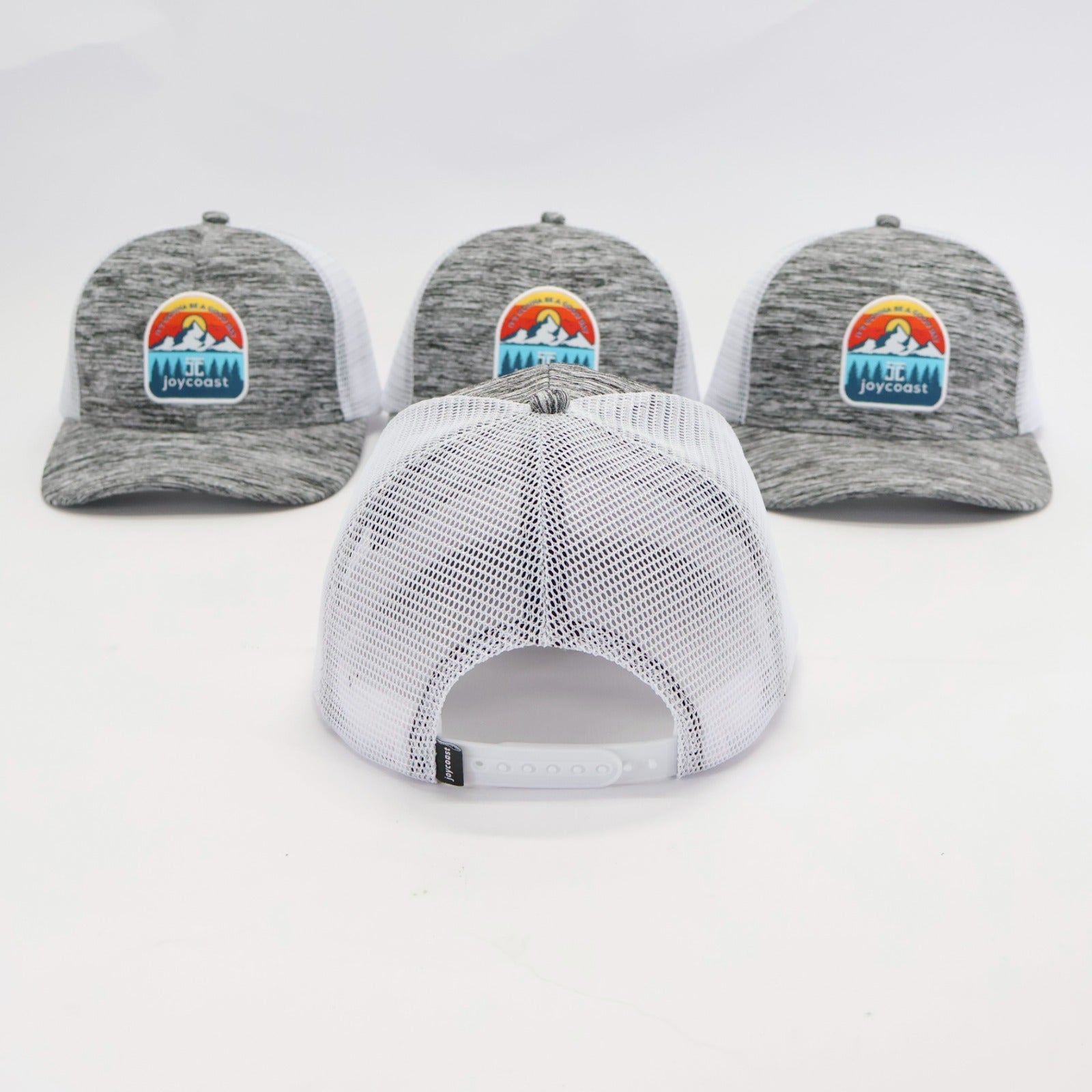 Baseball cap with heather gray crown and white mesh back panel; Joycoast logo patch