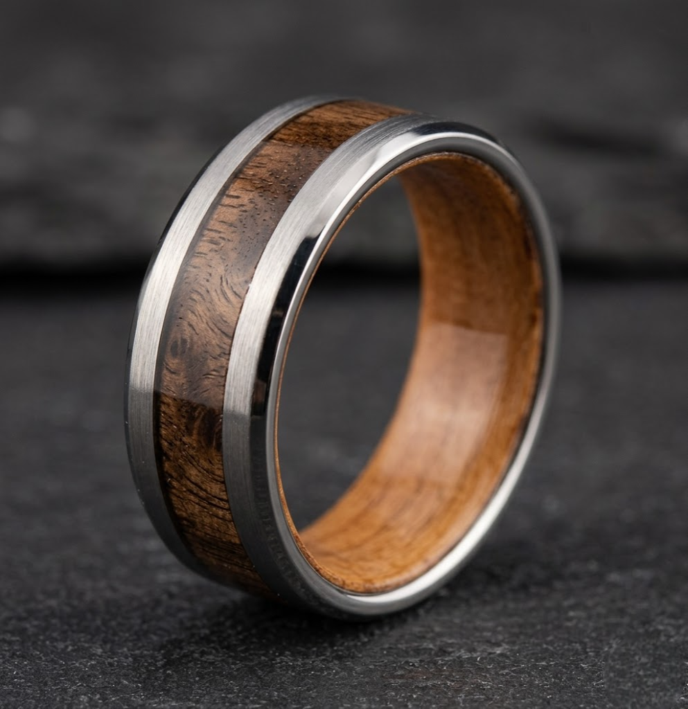 Men's wedding ring crafted from wood and titanium, showcasing a unique blend of natural and modern materials.