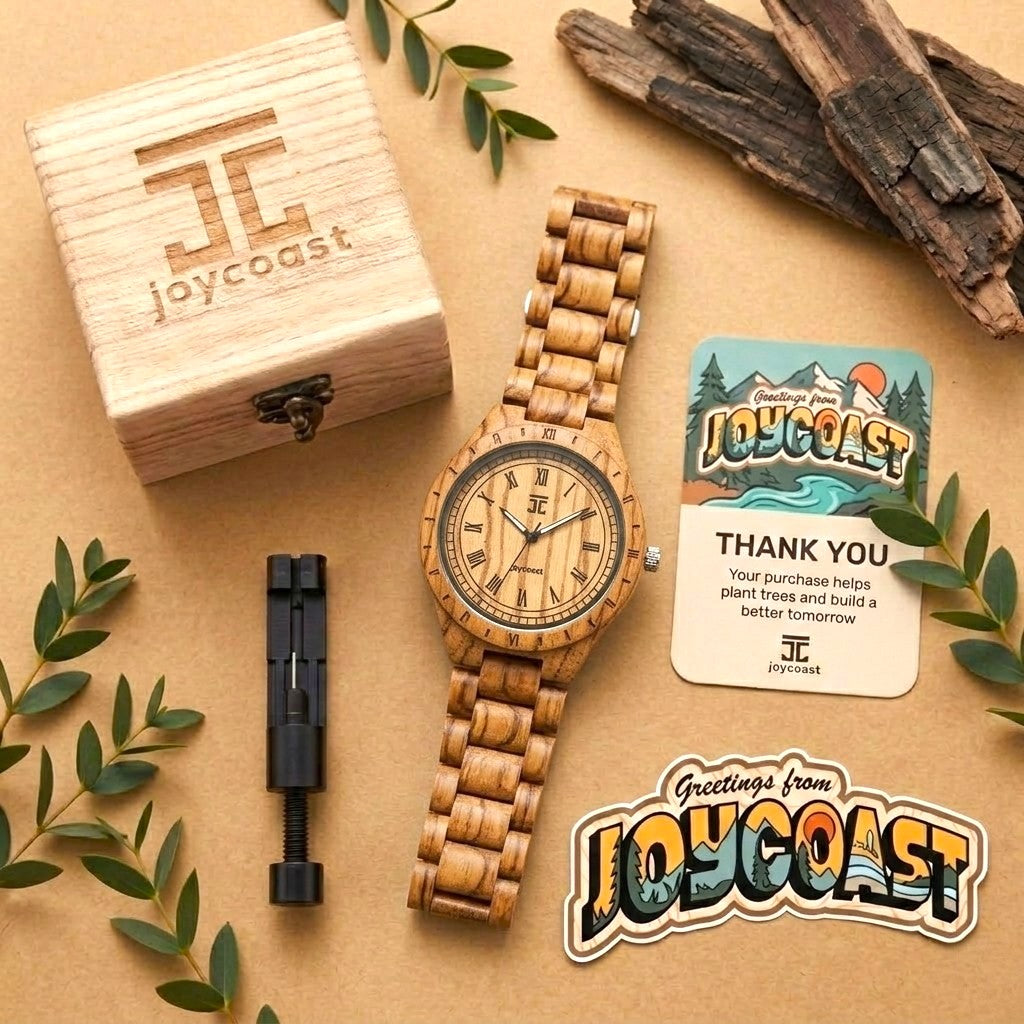 Zebrawood wooden wristwatch with Roman numeral dial and matching link bracelet
