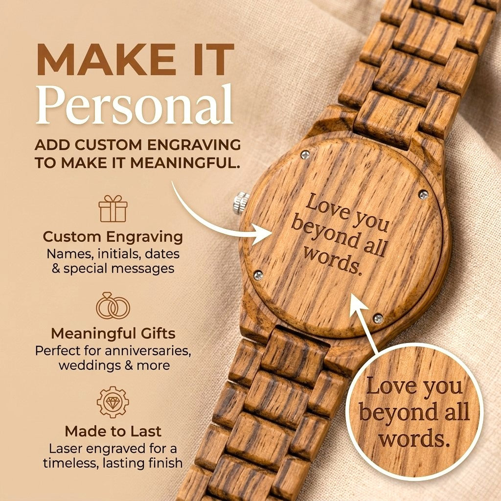 Zebrawood wooden wristwatch with engraved back and link band; custom engraving feature