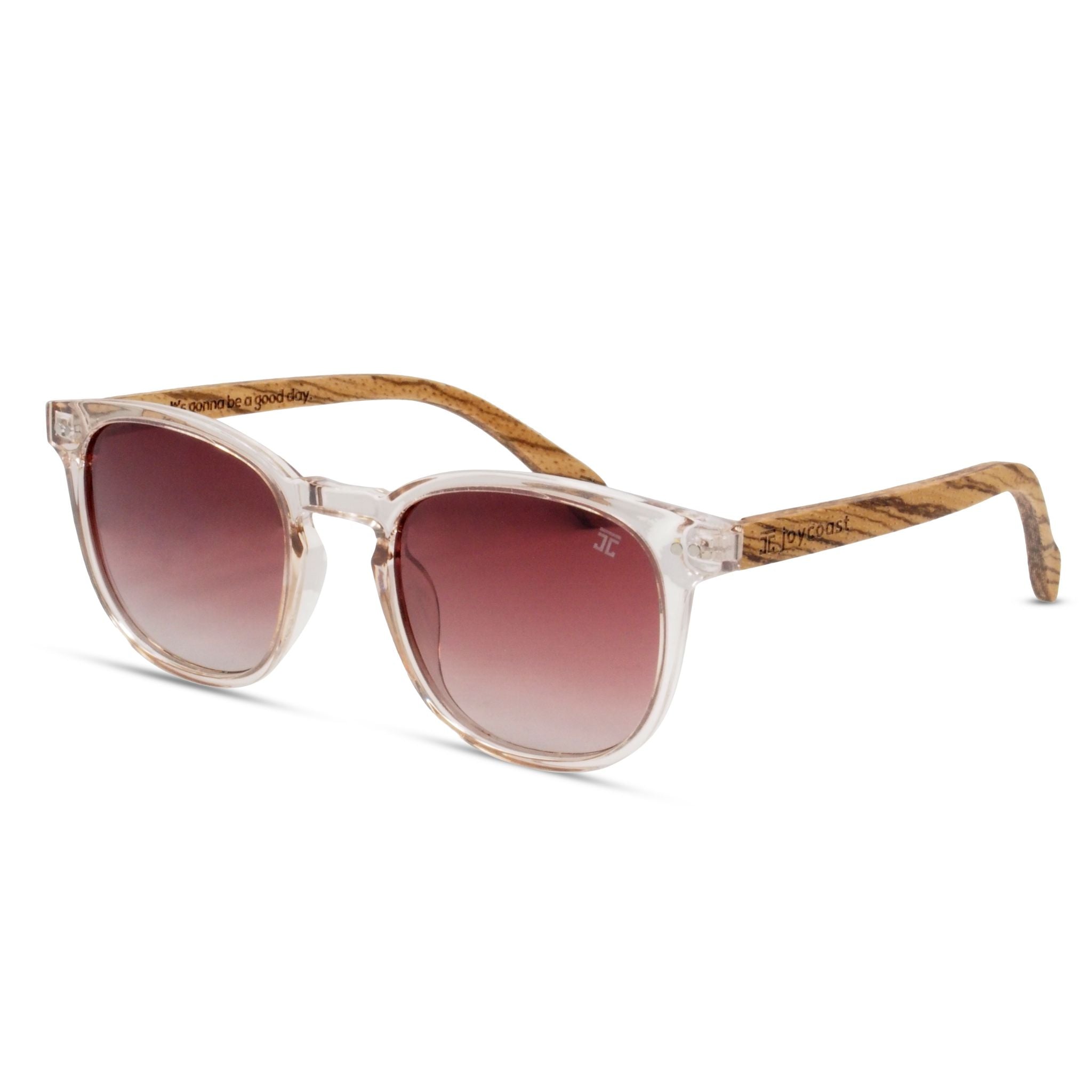 A pair of Rae zebrawood sunglasses with a patterned frame and polarized lenses.