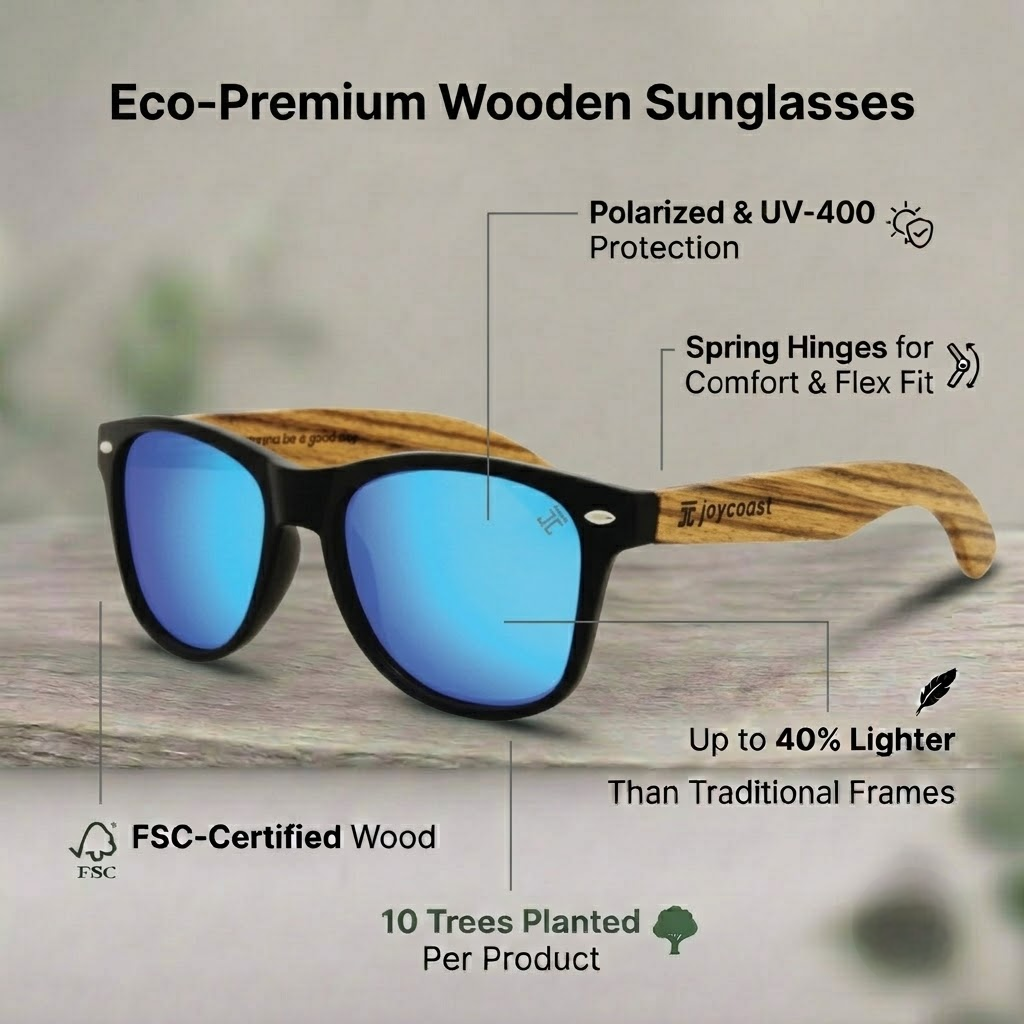 Kids wooden sunglasses with black frame, blue mirrored lenses, and wood arms