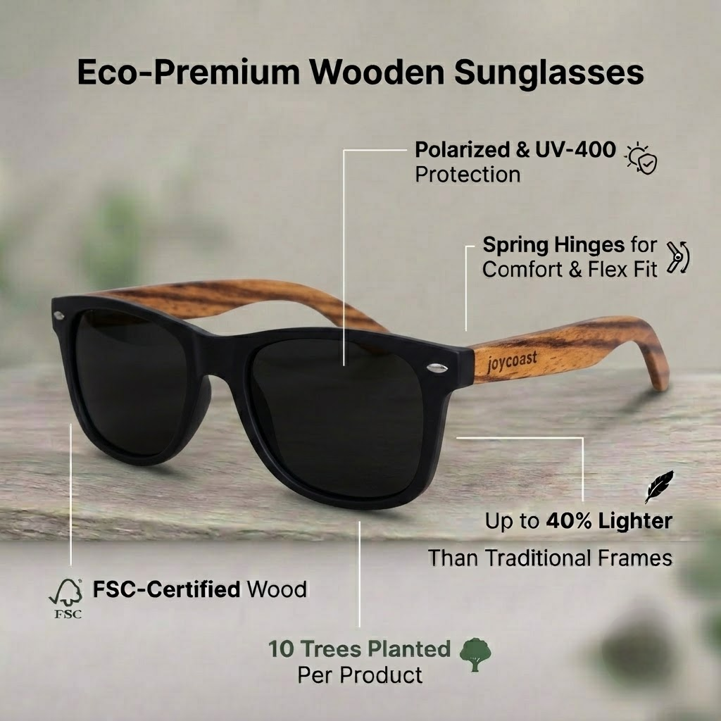 Black wooden sunglasses with dark lenses and brown zebrawood temples