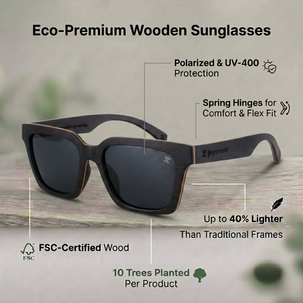 Ebony wood rectangular sunglasses with dark lenses, front view