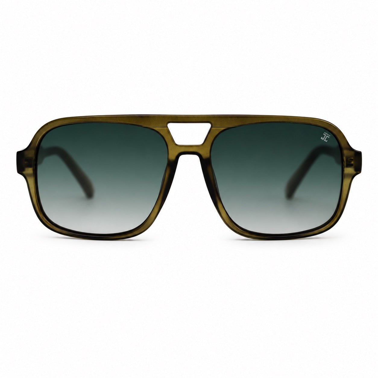 Front view square sunglasses with dark lenses and olive-brown tortoise frame