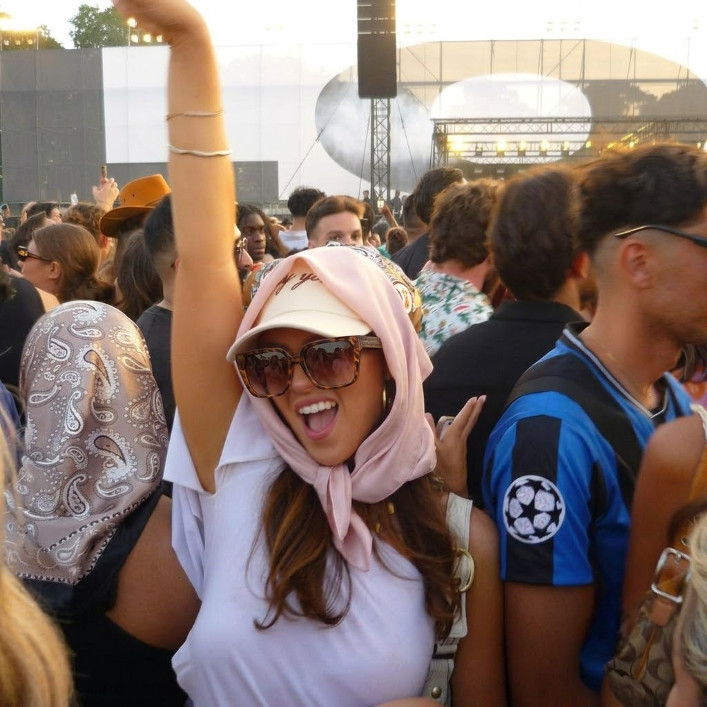 Tortoise sunglasses with dark lenses worn by a woman in a light headscarf