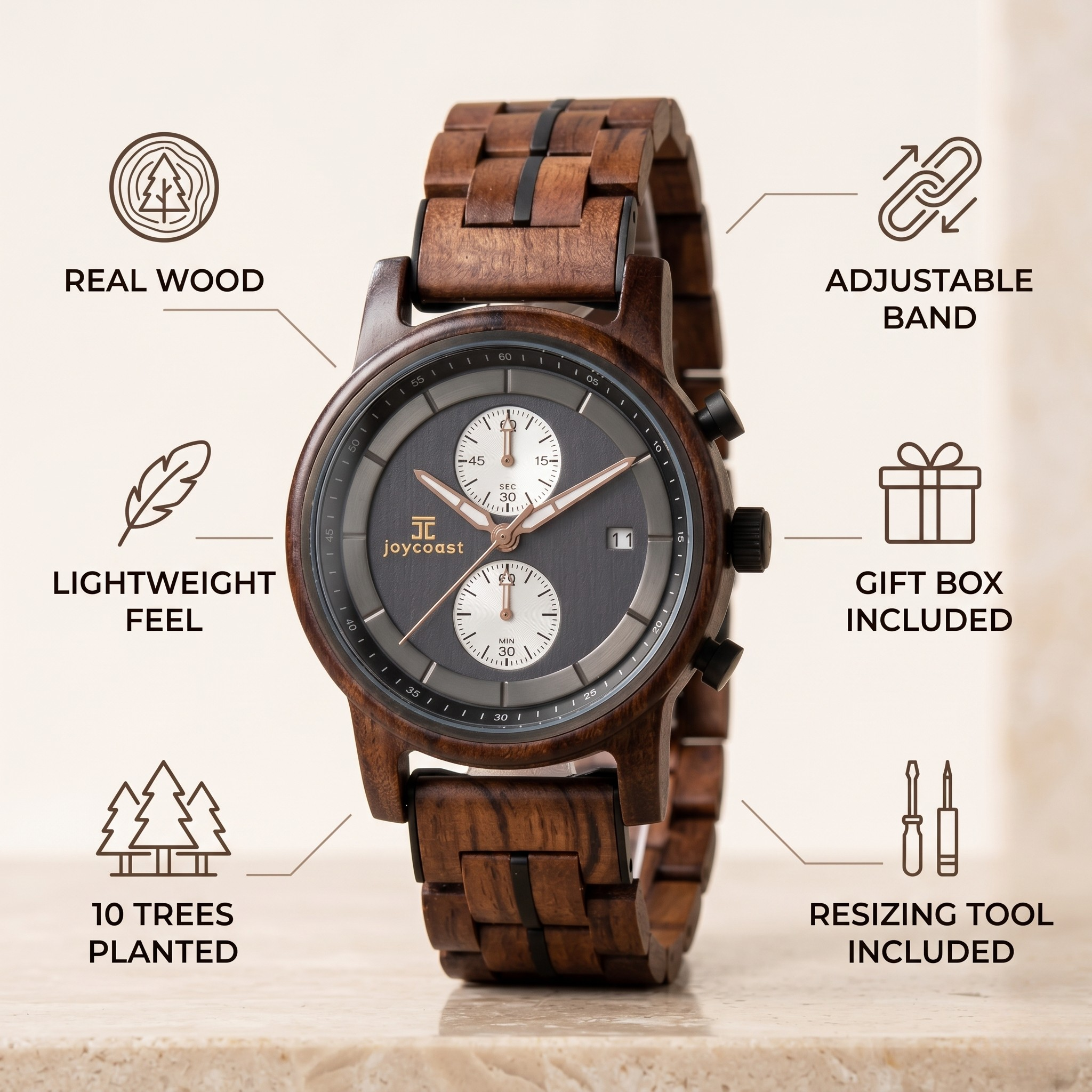 Walnut wood chronograph watch on brown wood link bracelet, front view