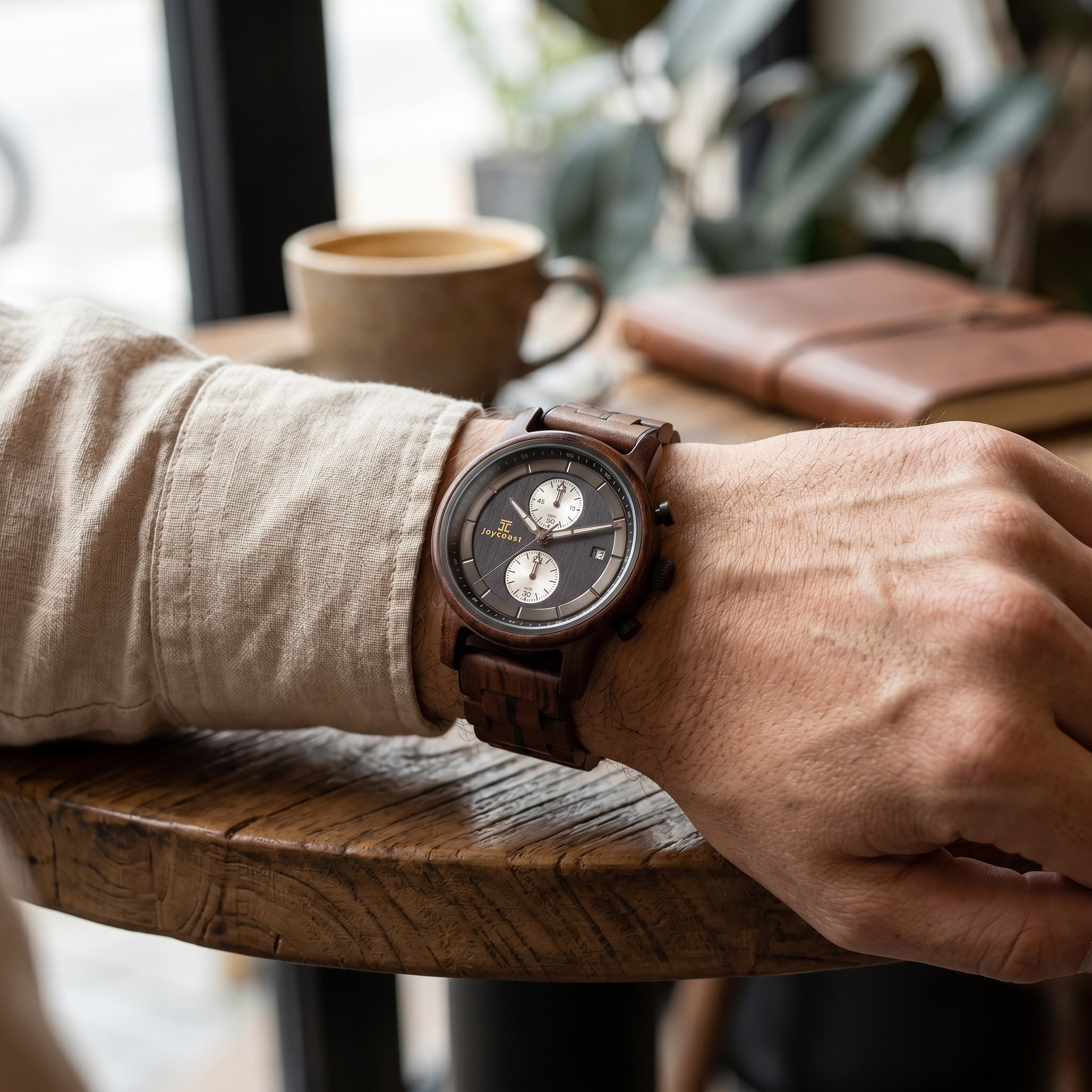 Chronograph watch with dark brown leather strap and dark round dial