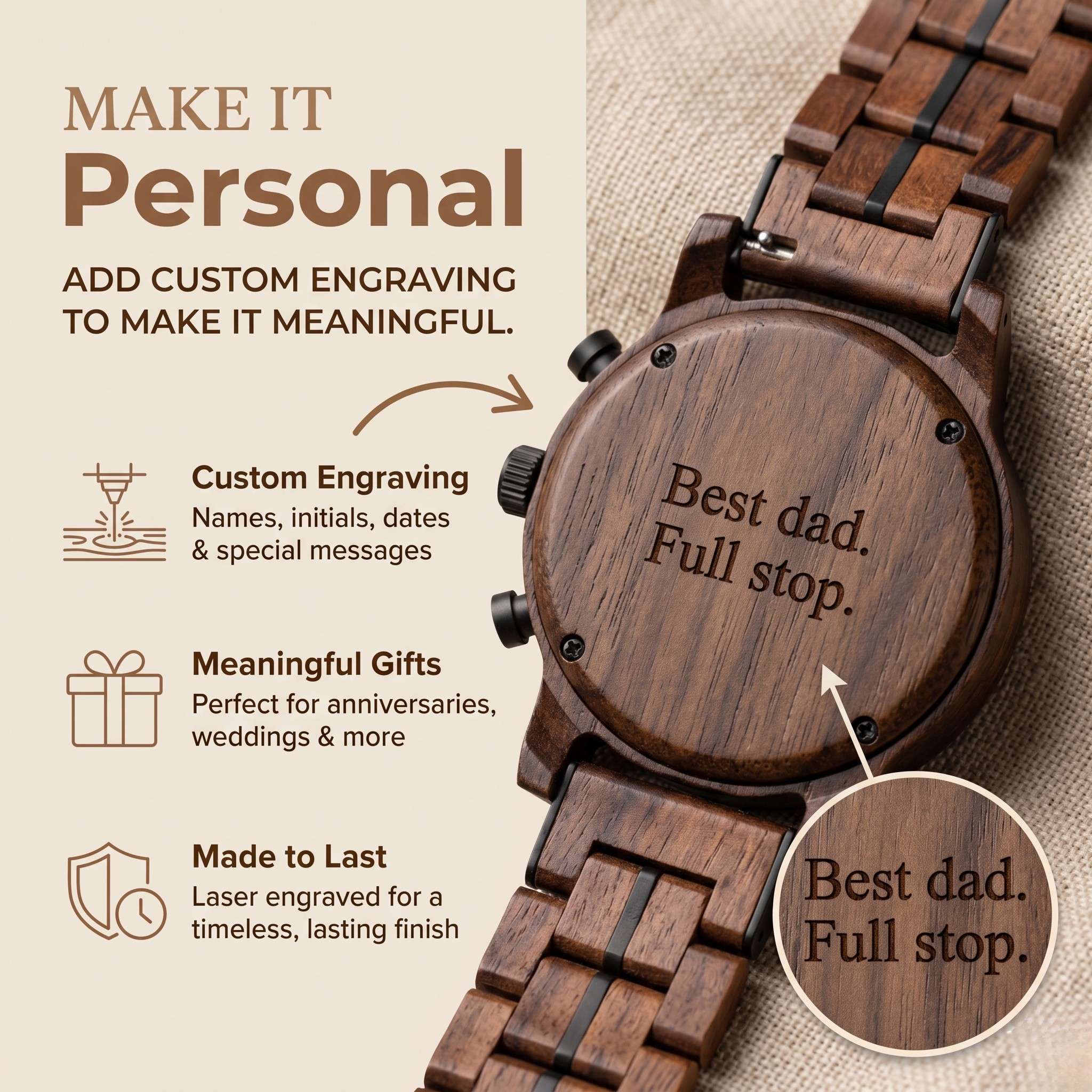 Walnut wood chronograph watch back with engraved message and link strap