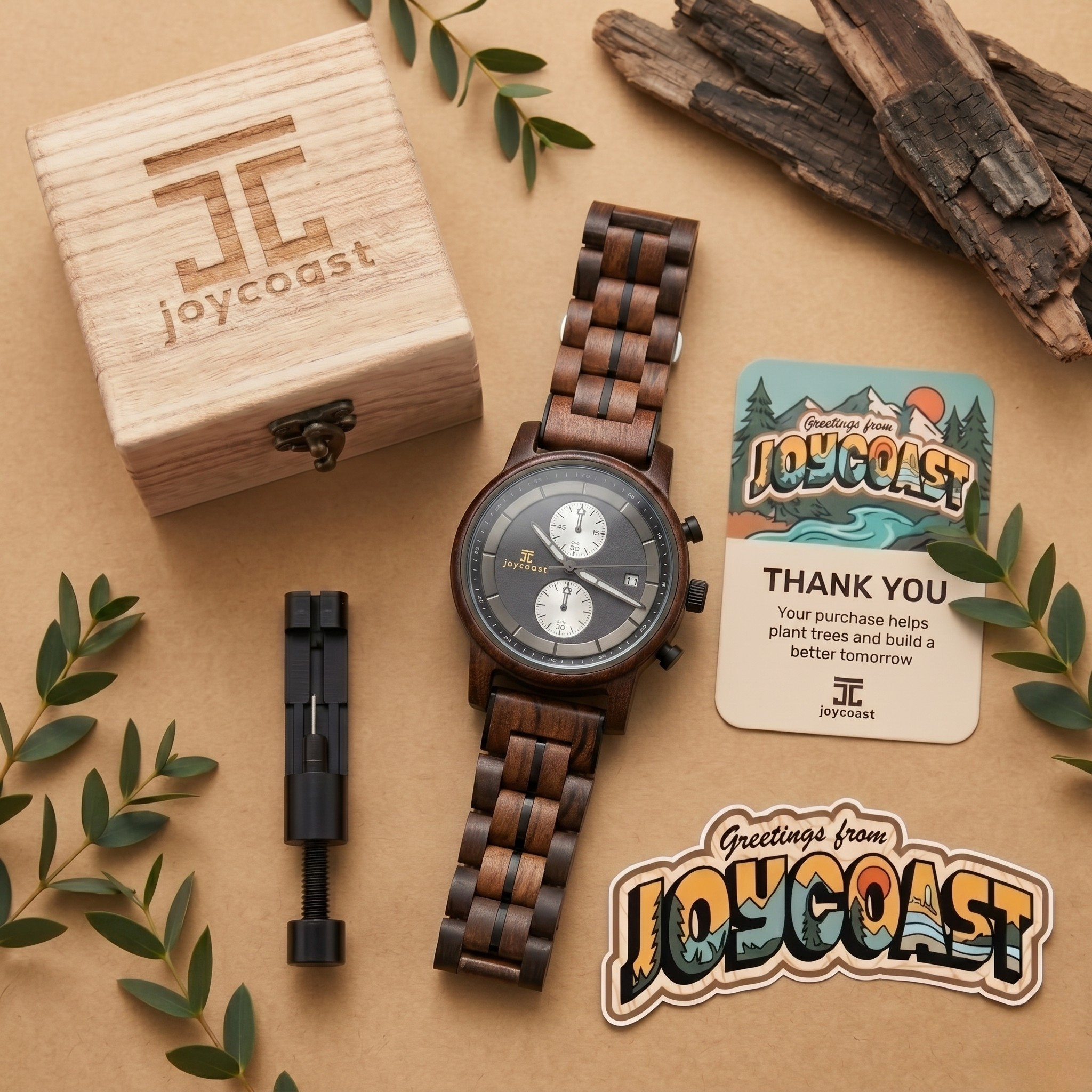 Walnut wood chronograph watch with dark dial and two subdials on bracelet