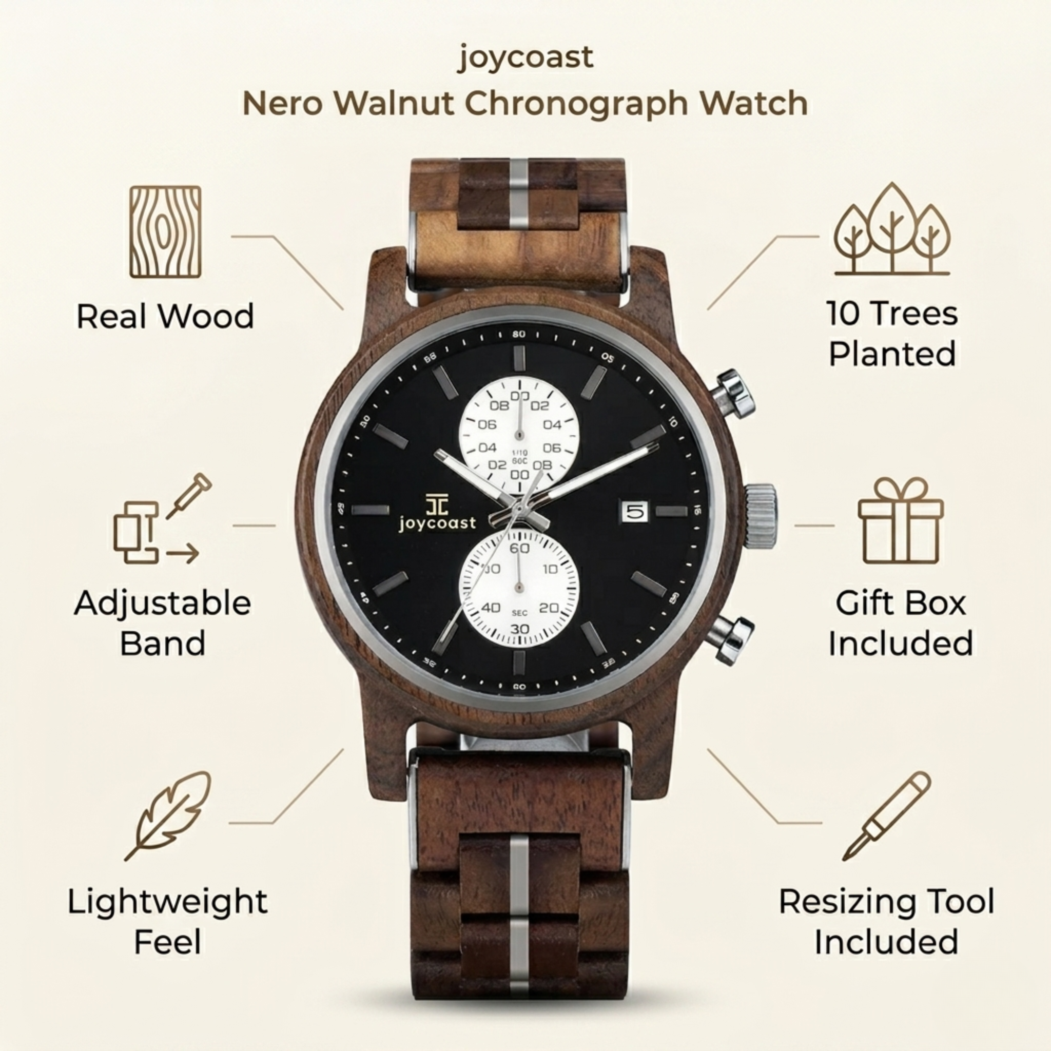 Walnut chronograph watch front view with dark dial and three subdials