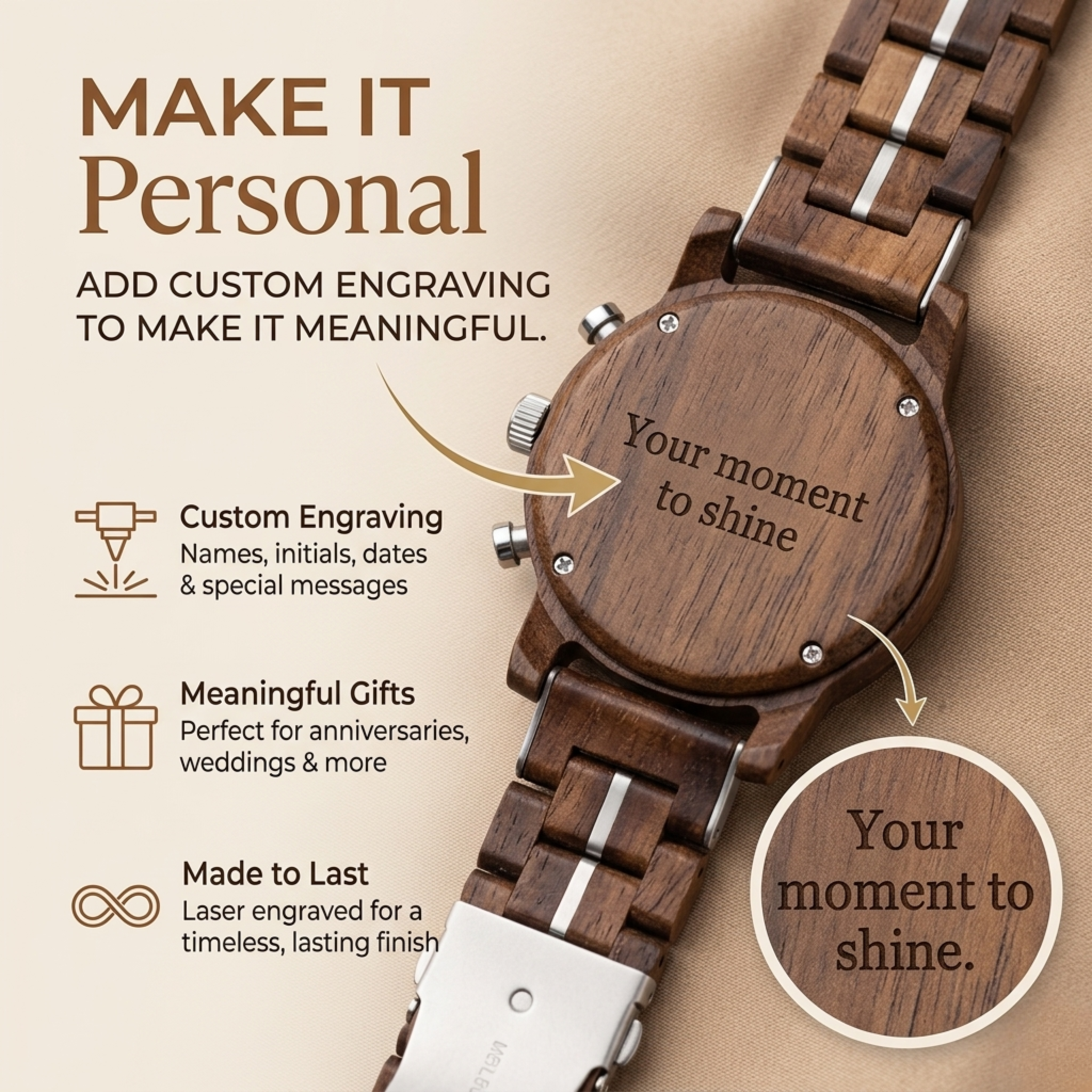 Walnut chronograph watch with dark dial and engraved wooden case and bracelet