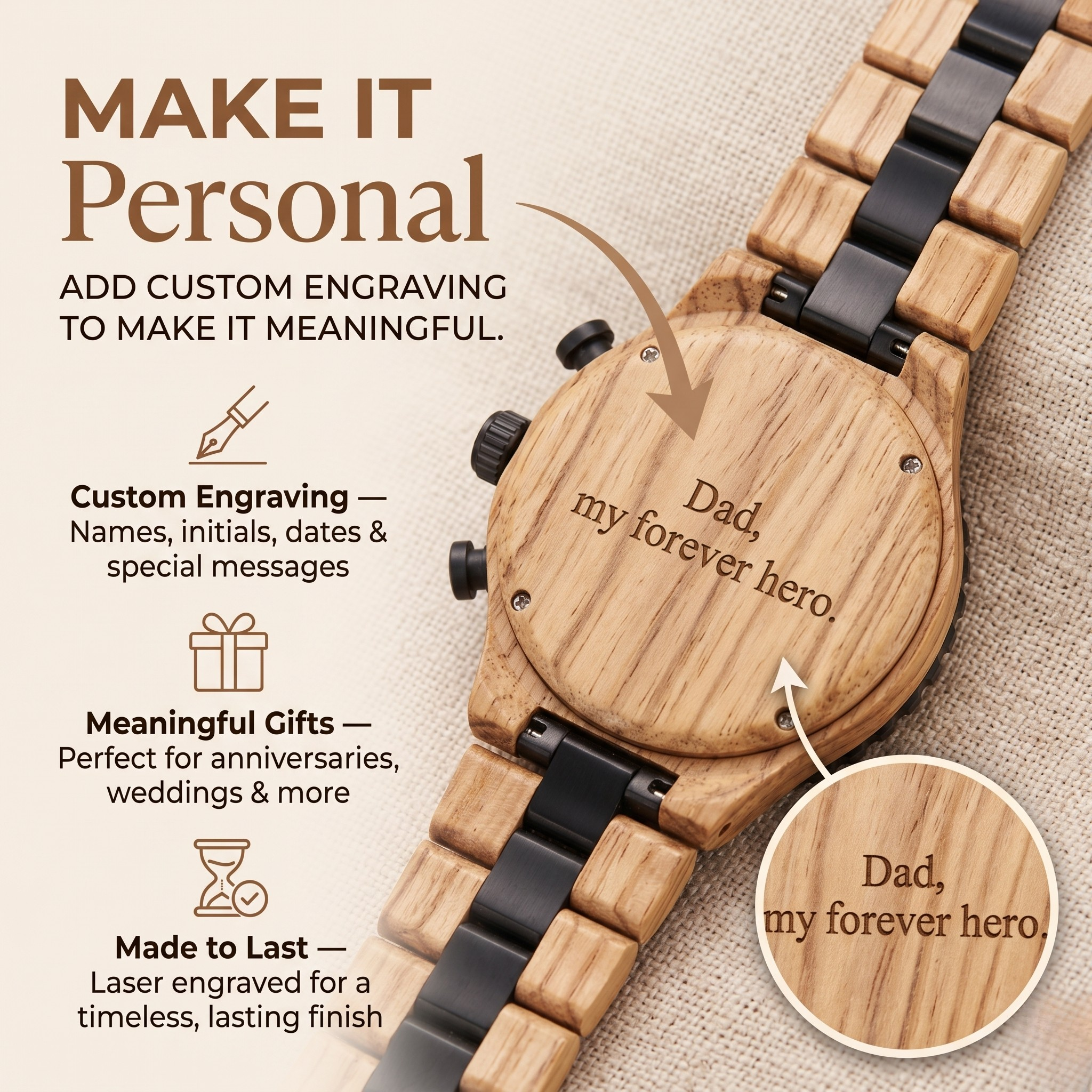Engraved zebrawood watch back on bracelet with black link inlays